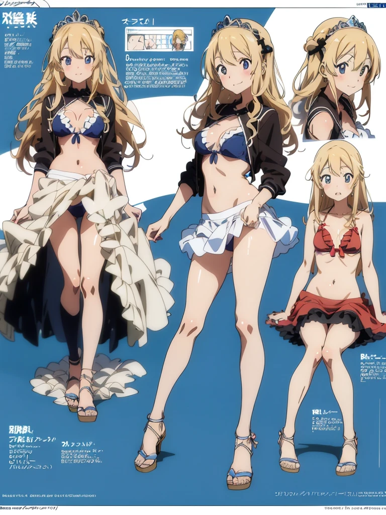 (Anime:1.8), megami magazine, (masterpiece, top quality:1.4), Not Safe for Work, detailed skin, detailed face, 1girl, idol, cute face, , 14-yo,
blue eyes, droopy eyes, big eyes:1.5, laughing, red blush, (blonde-yellow hair), long hair, (shiny wavy hair), white frilled bikini wedding gown, swimsuit, sarong, tiara, Bride Veil,  cute, baby face, twinkle in the eye,  (Design sheet:1.3), (multi-angle and detailed view:1.3),