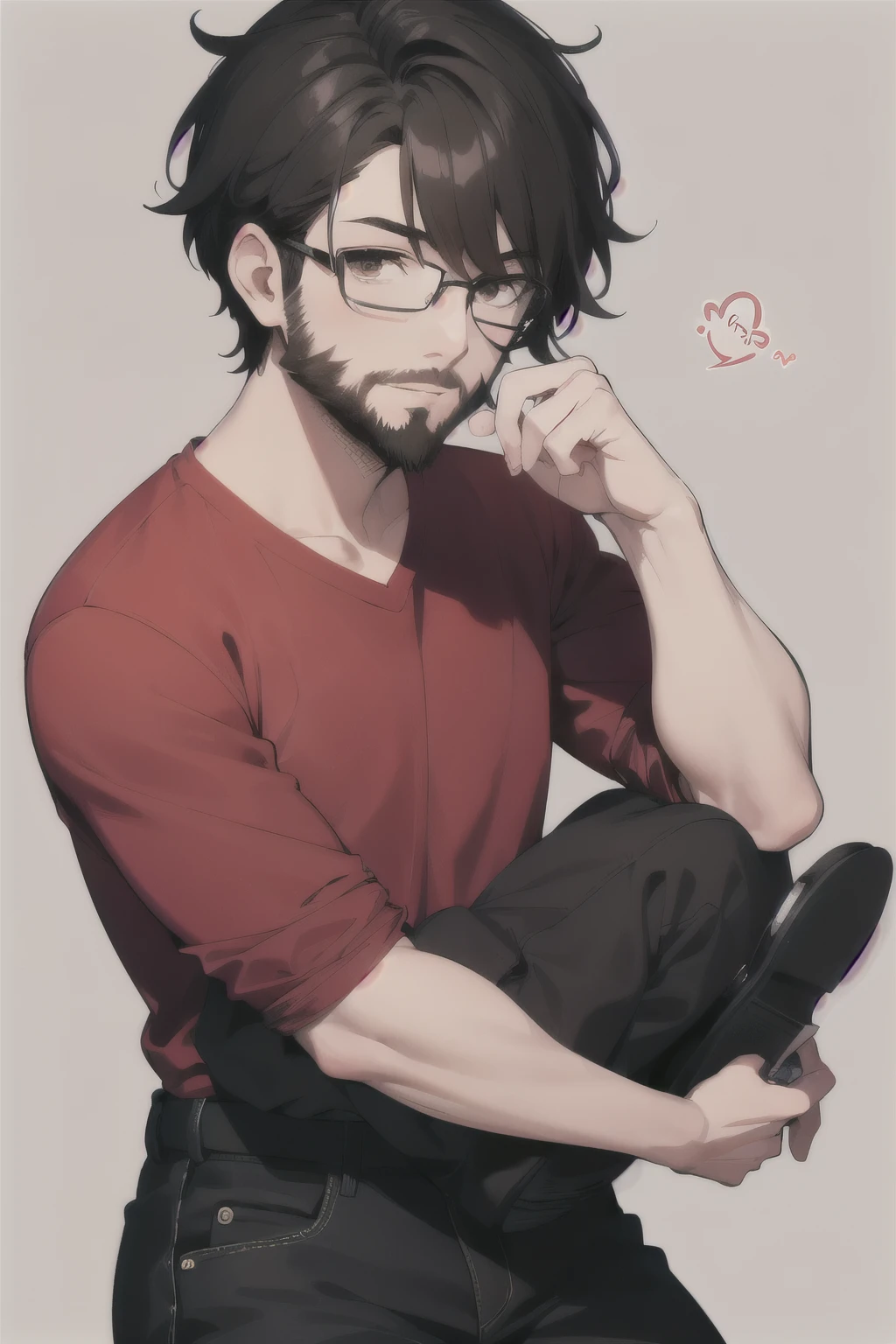 chibi character man who has short black hair, who has brown eyes, who has a beard, who wears glasses who wears a red shirt, black pants