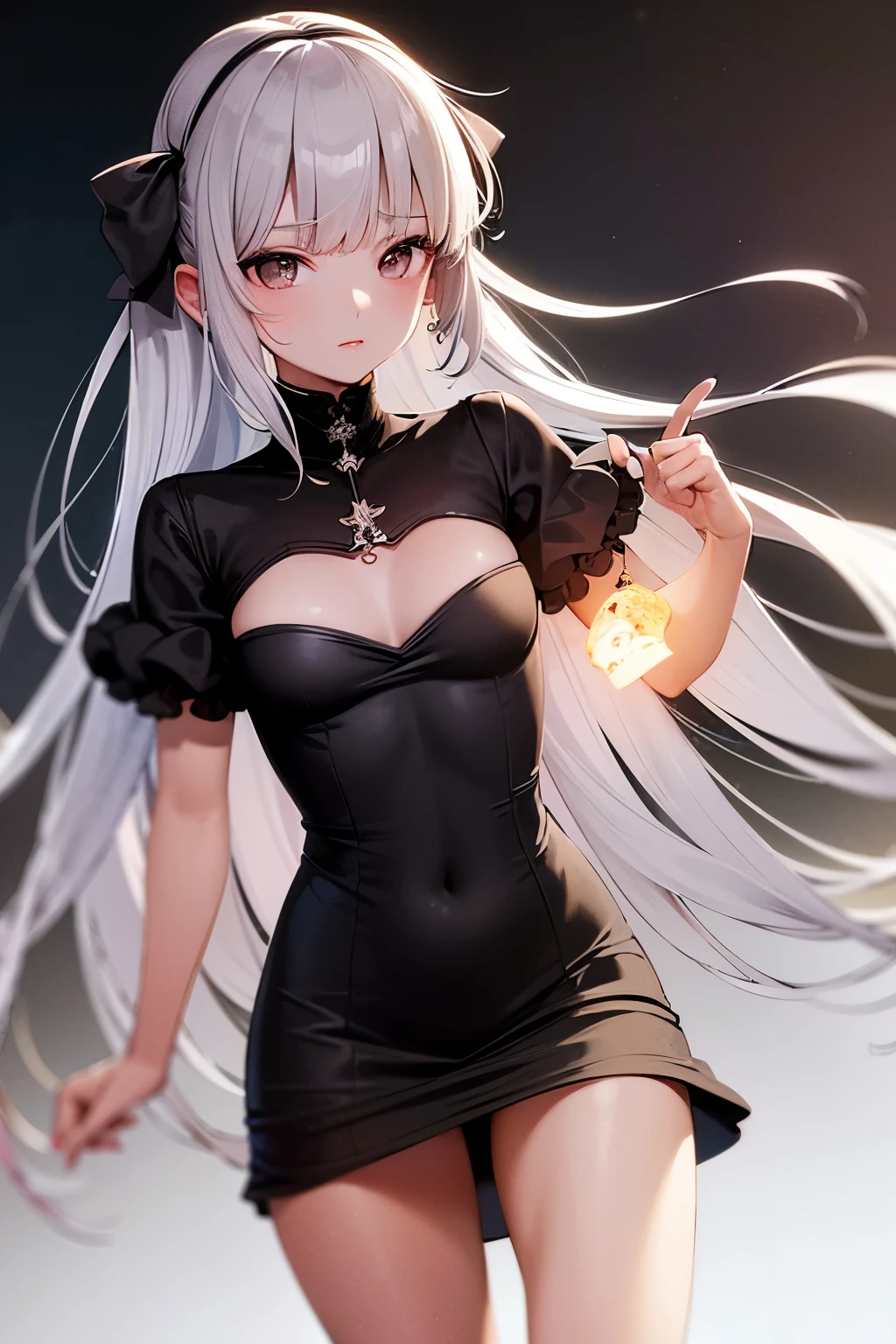 (Clear focus:1.2), 1 Girl, Wear (Little black dress:1.2) exist (festival:1.2), (Mood lighting:1.2), Depth of Field, Bokeh, 4k, HDR. go through (Alphonse Mucha:1.1).