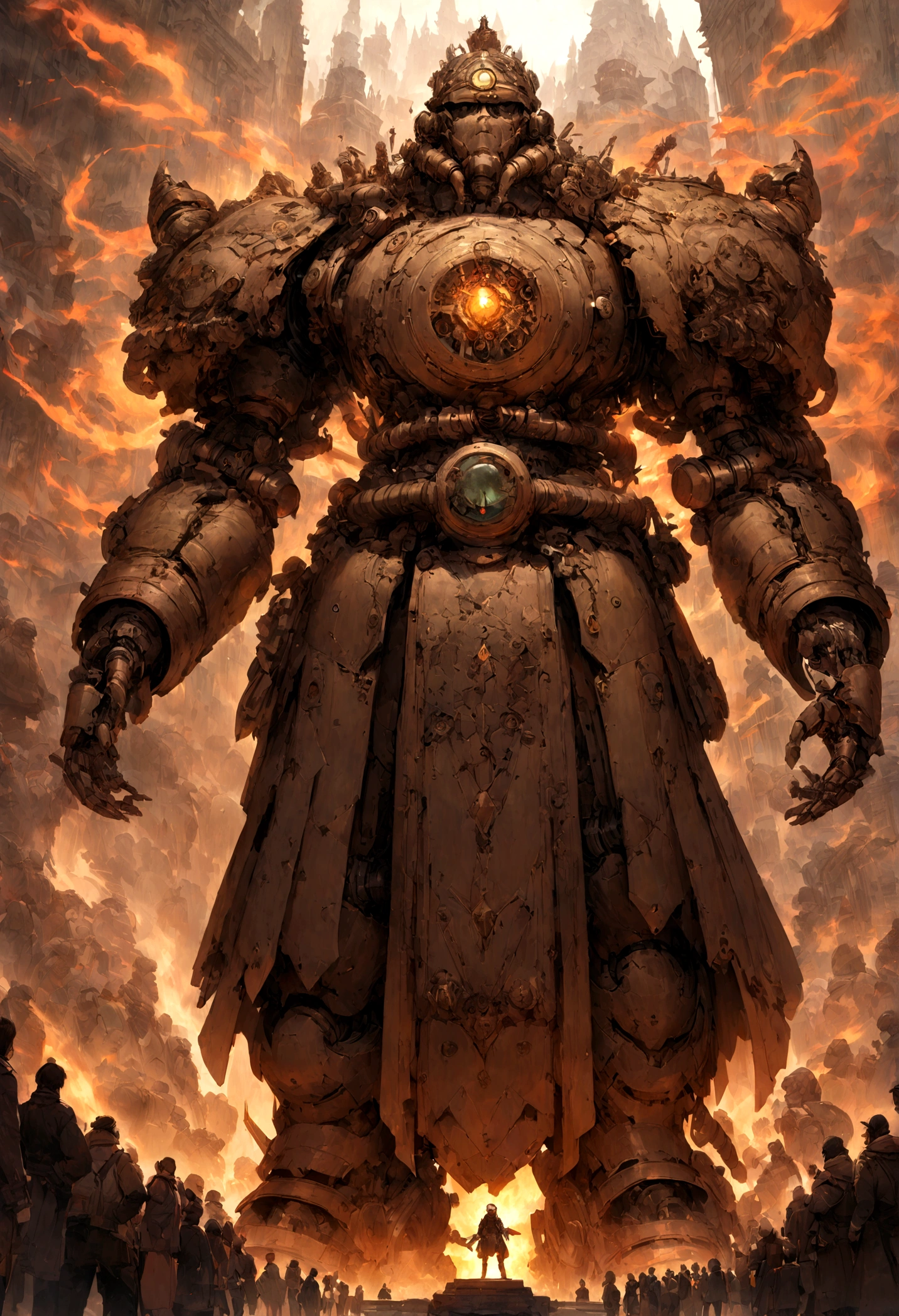Huge mechanical Buddha statue,enthusiastic crowd,Steampunk Style,Ultra-fine,8k,Masterpieces,Mechanical depiction with attention to detail,OC Renderer,