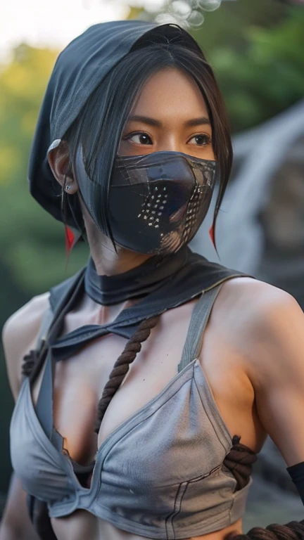 ((whole body)),(((Rough rope binding:1.3))),(RAW shooting, Photorealistic:1.5, 8k, highest quality, masterpiece, Ultra-high resolution), Sengoku, fire thing, War fires raging everywhere:1.3, Perfect dynamic composition:1.2, Highly detailed skin and facial textures:1.2, Slim female ninja captured:1.3、Hands tied behind back:1.2, beautifully、aesthetic, Cute and sexy beauty, Perfect Style:1.2, Wear an exquisite ring, fire, water, Wind, thunder, ice, Fair skin, Very beautiful face, Glowing White Skin, (Mid-chest), A faint smile, (Wearing a sexy ragged ninja outfit with holes、Tattered Ninja Clothing:1.2、Clothes being removed), No sleeve、Off the shoulder、 (Beautiful Blue Eyes), (Fascinating:1.3), Cowboy Shot, No mask, ninjitsu pose, Neon Light, ninjitsu style, Magic Light, Chakra Light, aura