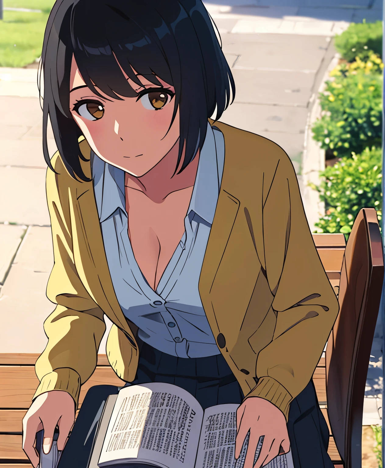 1girl, black hair, brown eyes, short hair, har band, hair ribbon, yellow cardigan, cleavage, white dress skirt, perfect anatomy, cowboyshot, sit on bench chair, reading a book, outdoors, school university, sky, school building, solo, solo focus, pov, looking at the viewer,