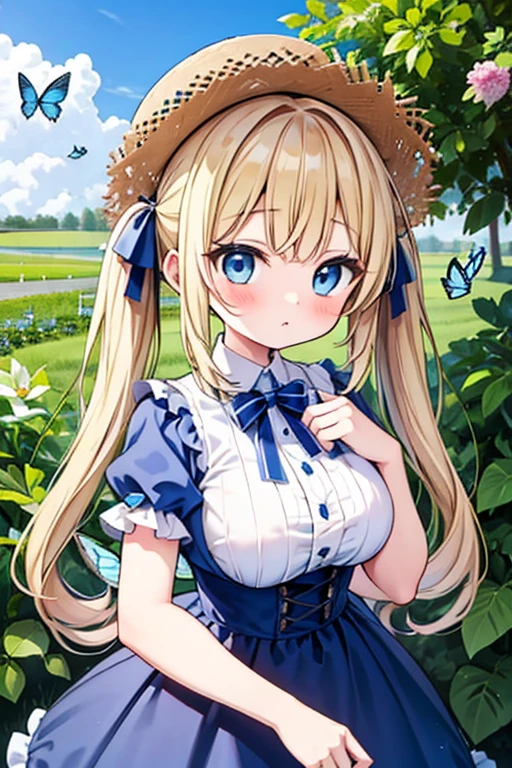 blonde blue eyes、Lolita、large breasts、twin tails、female brat,Have a bug trap,Beetle,insect collecting,Butterfly net,straw hat,have a bug net,