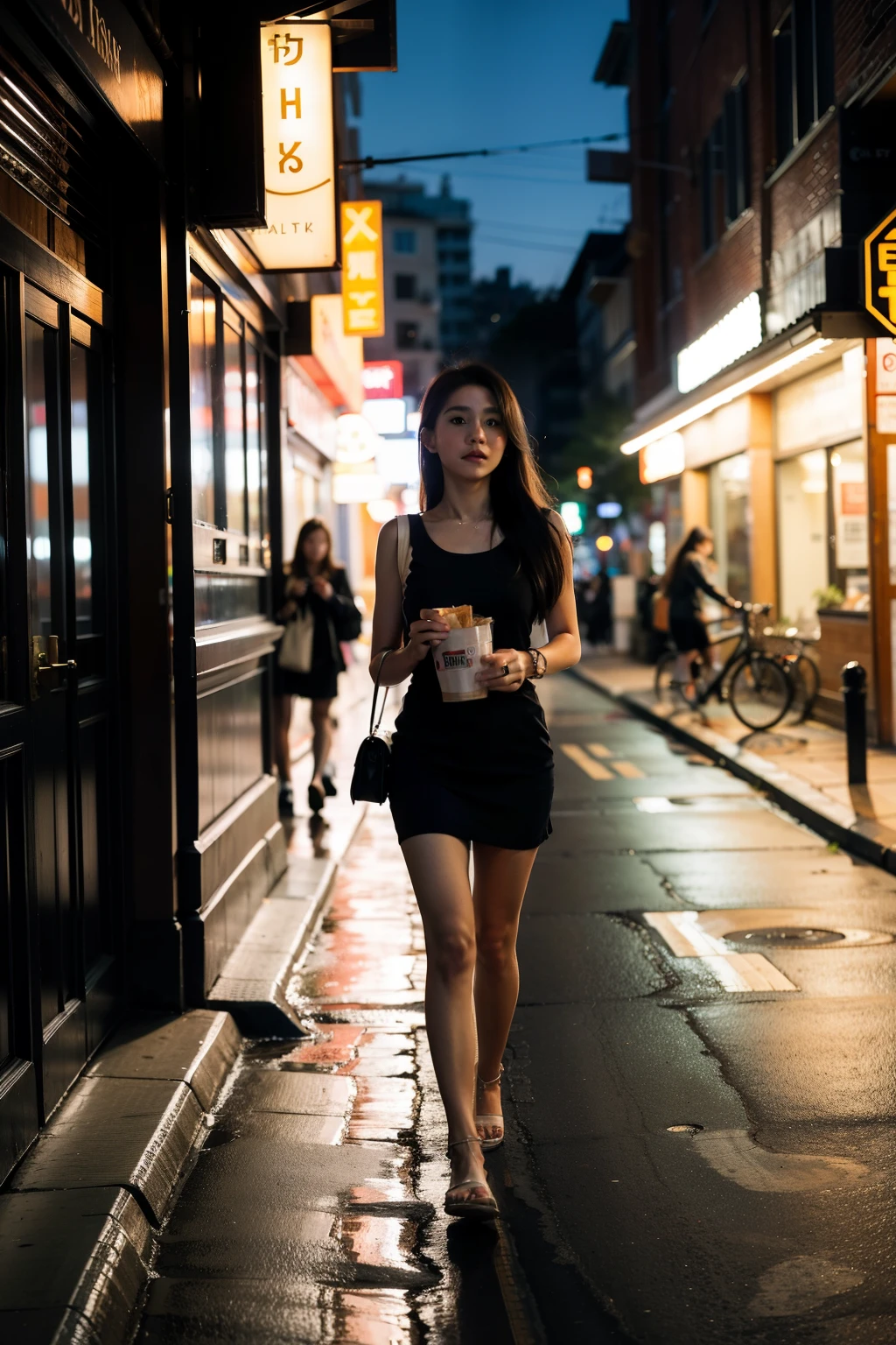 City at night,A young girl,Walking alone on the way home from get off work,Takeaway in hand