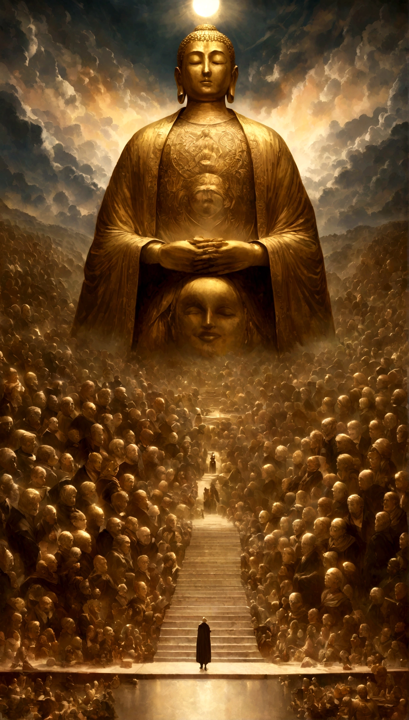 A giant golden Buddha statue towers into the sky,Hall々And,Buddhism has 32 stages,Length and ergonomic proportions of the cervical spine,,Pilgrims' Path,smile,Porcelain Style,In the distance, Surreal Realism, Stereogram, tachi-e, Atmospheric Perspective, Hyper Photorealism, Cinema Lighting, Divine Light, Super Detail, Accurate, highest quality, Tabletop, 1.60,000, High detail, High resolution, Awards, Super Detail, Anatomically correct
