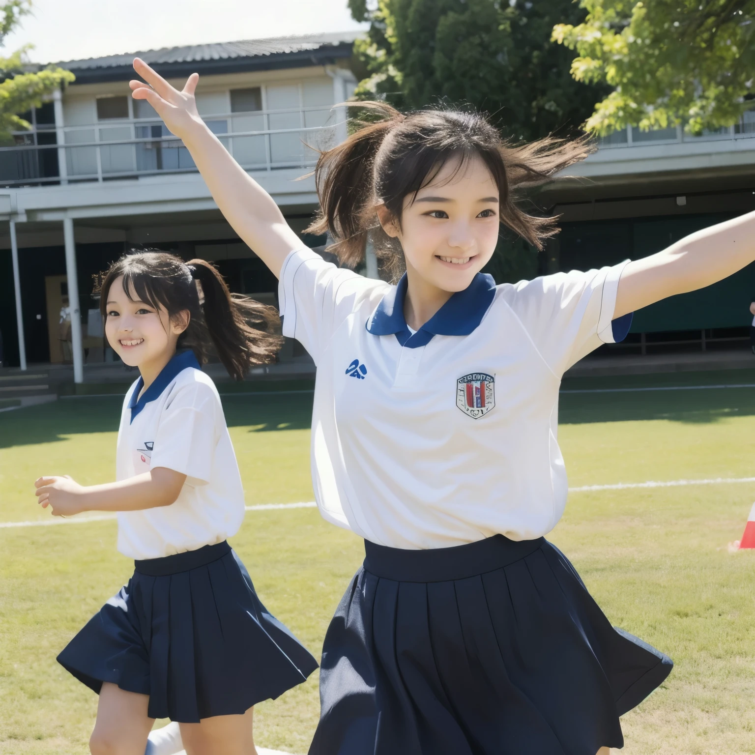 round face、smile、Japanese、、((moving))、Jersey、１４age、Sports day in the school yard、Doing folk dancing、Multiple children、