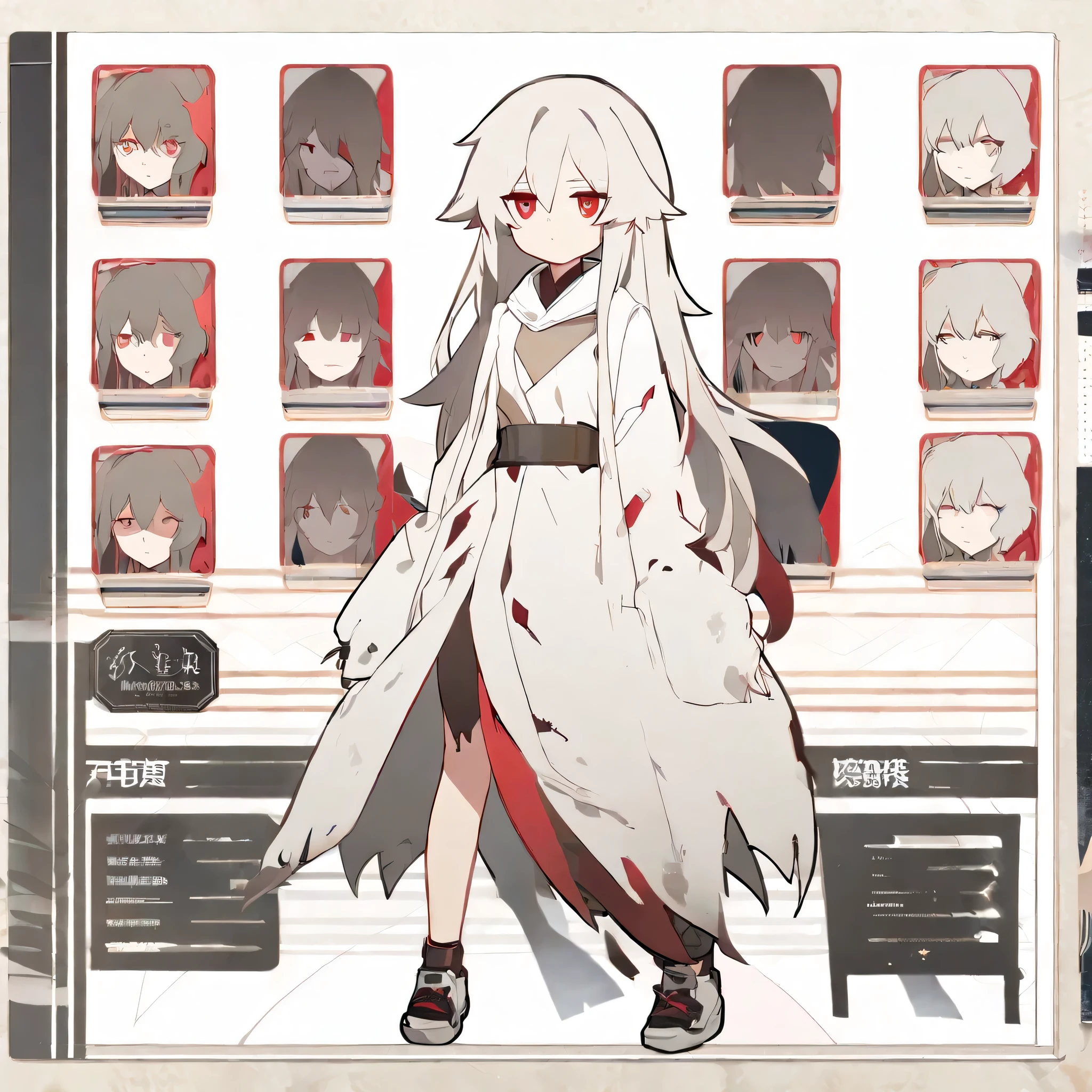 One girl,whole body,Are standing,Dynamic,low length,Girl,albino,Red eyes,Silent,Confused eyes,Wearing a tattered white robe,Arknights Style,Straight long hair,People Girls, Long Hair,Gray Hair, Red eyes, Expressionless, No sleeve,Character Sheet,Shaggy Hair,Confused eyes,Chibi,