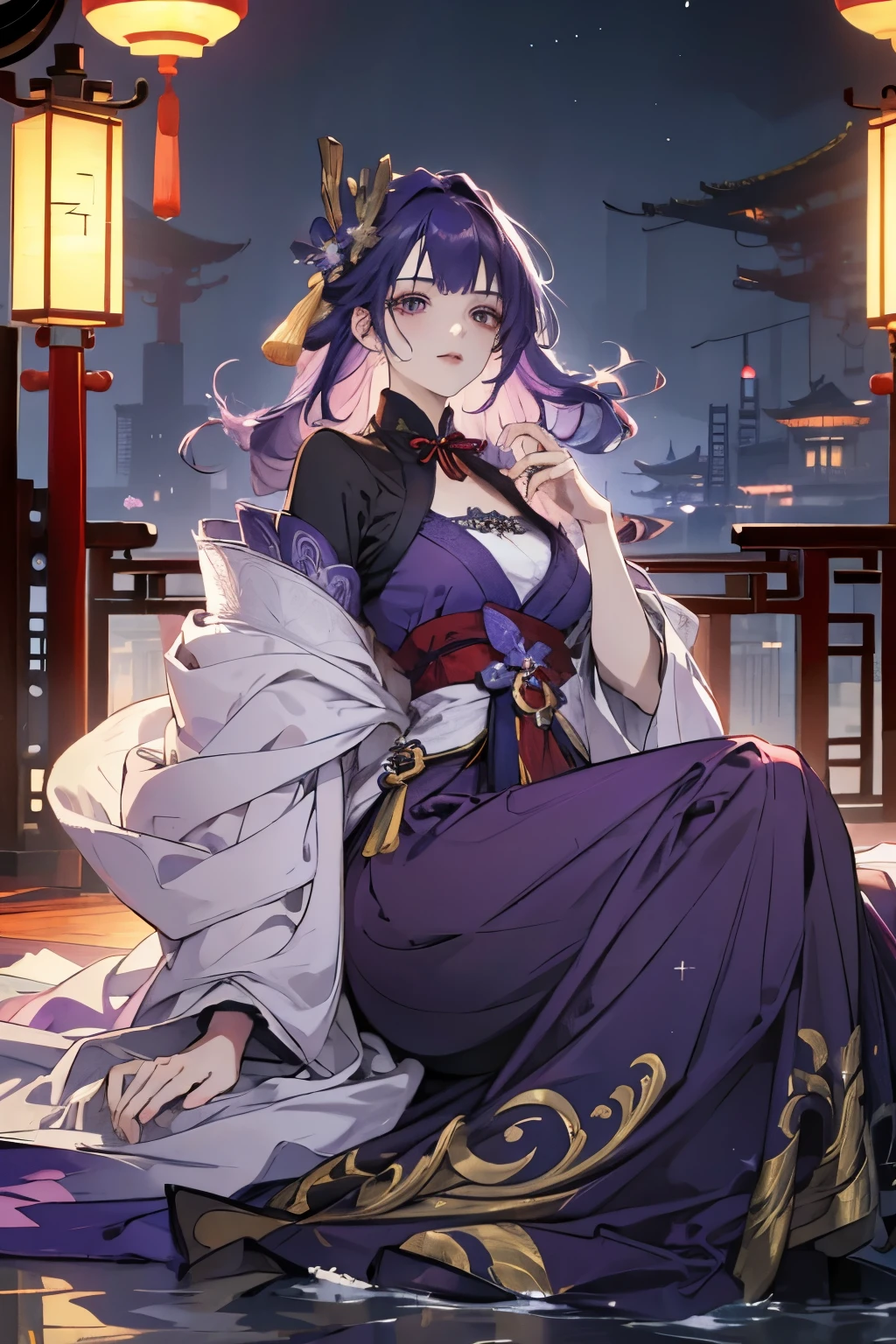 Best quality at best, Ultra-high resolution, (((1 girl))), (Long purple hair), (violet eyes), (Chinese clothes) (Ultra Long Skirt), (Full Body), Smile, Hanfu, Yarn, Flowing light yarn, jewelry, (focal), (((Colorful))), particle fx , tmasterpiece, Best quality at best, beautiful painted, meticuloso, highly detailed, (tmasterpiece, Best quality at best) CG unified 8K wallpaper,((sitting in a Chinese mansion)), tmasterpiece,Best quality,ultra - detailed), Super HD picture quality