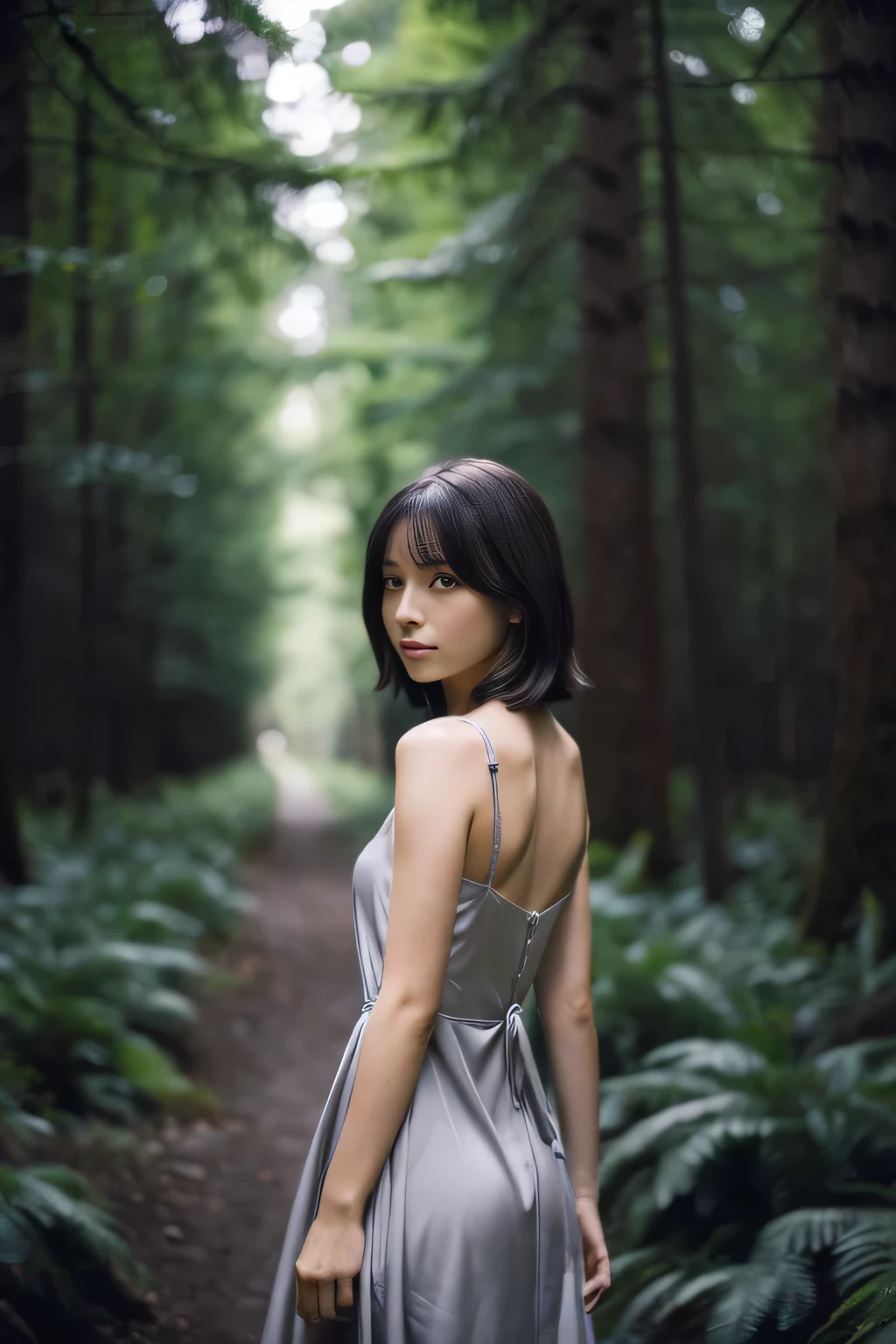 (masterpiece,high resolution,high quality,16K),(Beautiful and realistic Japan people、Beautiful girl in a gray dress standing in a dark forest), Magnificent style, Octane Rendering, Spooky Forest, Beautiful Face, Surreal, Son of God, realism, masterpiece, finest art, Clear Eyes,Short Bob、Perfect Anatomy、Beautiful limbs、Beautiful Skin、Pathless Forest、