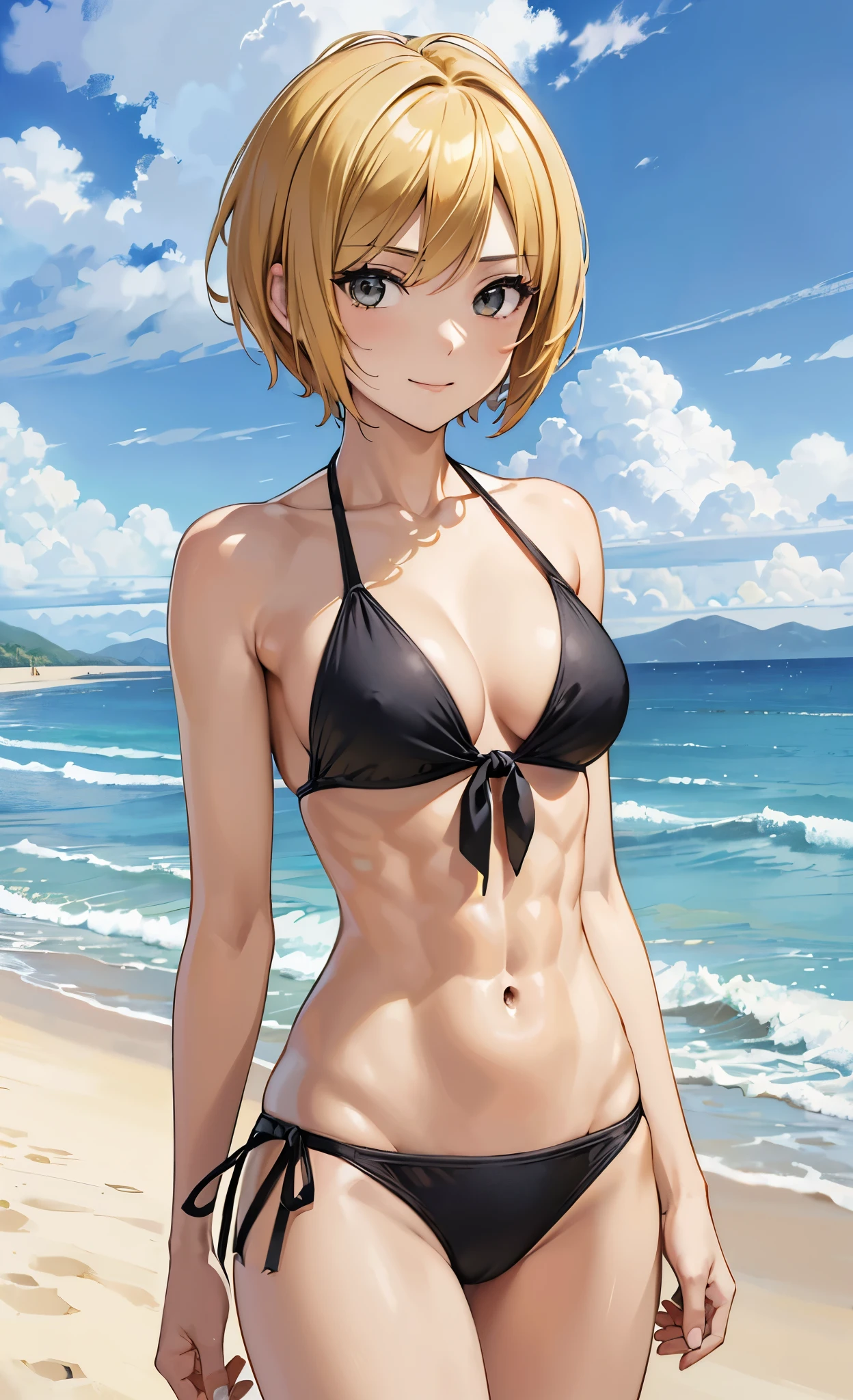 masterpiece, best quality, ultra detailed, ultra high resolution, very detailed face, solo, ((anime)), 20 years old girl, (((micro bikini))), ((golden short hair)), (((medium breast))), (six pack abs:1.2), ((little smile)), (sweat:1.25), ((lying on the mat, in the beach))