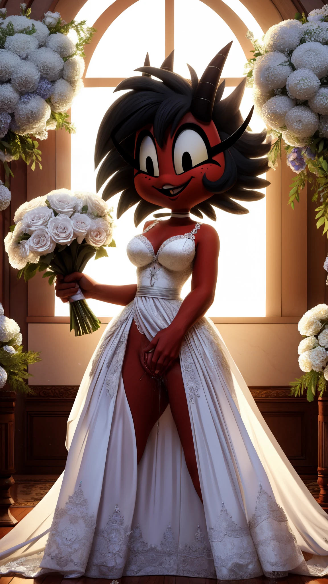 Millie, wedding, white wedding dress, holding flowers, happy, showing pussy, pubic hair, pussy juice, standing 
