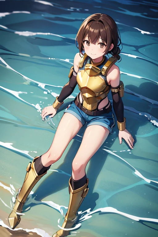 Anime drawings、Full body portrait、Under the surface of the water、Sci-fi Soldier、A female soldier, about 27 years old, about 160cm tall, wearing a gold breastplate and shorts, swimming in the sea.、Smiling with mouth closed、Wearing goggles on his forehead、The hairstyle is short、Brown Hair、Brown eyes、Golden boots、Golden arm guards