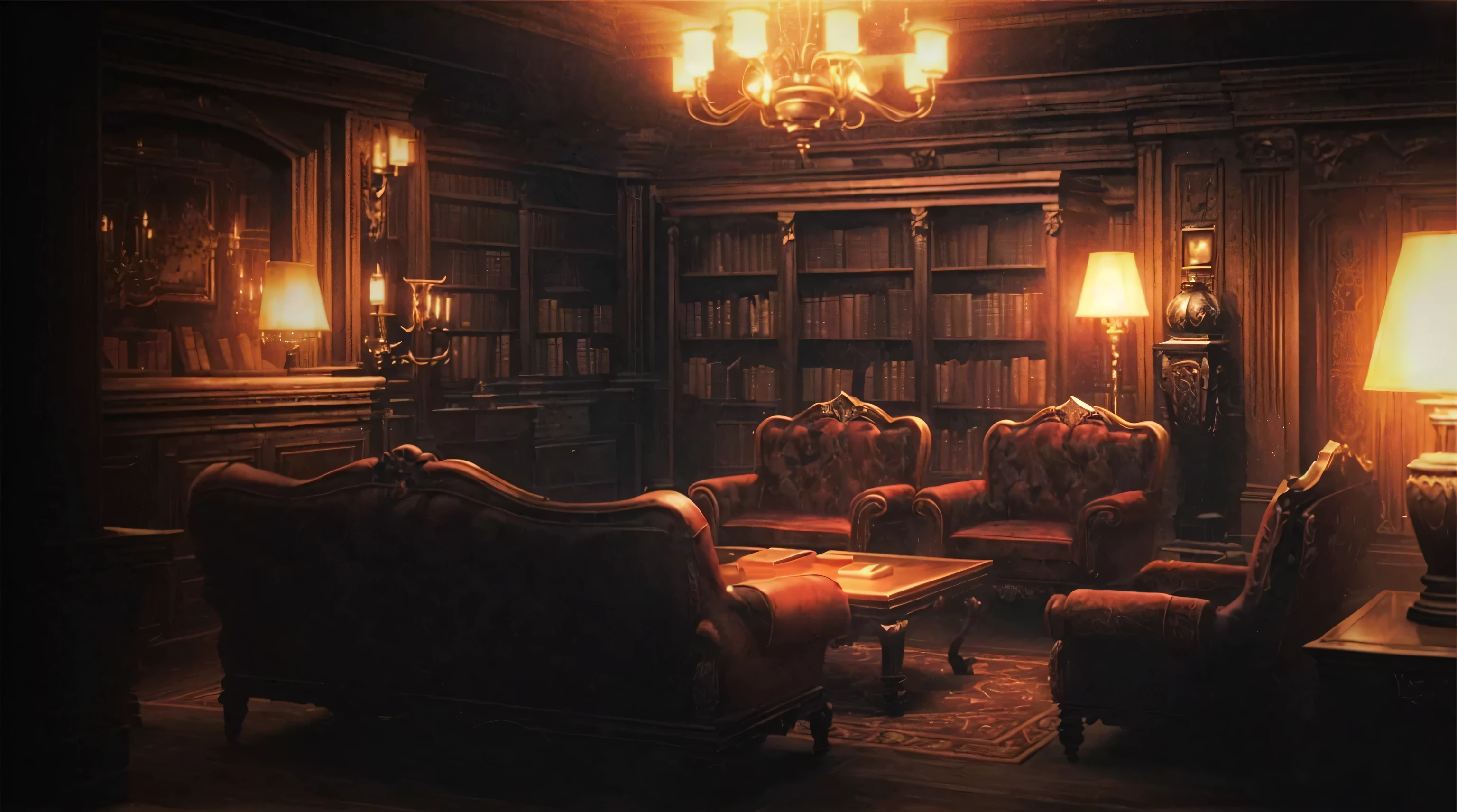 There is a room with a sofa, Chair, Table and lamp, dark library, gloomy library, Gothic Epic Library concept, dusty library, Library Background, Gothic Epic Library, ancient library, Beautiful library, Castle Library, alchemist Library Background, room of a dark mansion, Ruina Library concept art, Realistic dark concept art, gothic library, Horrifying Room