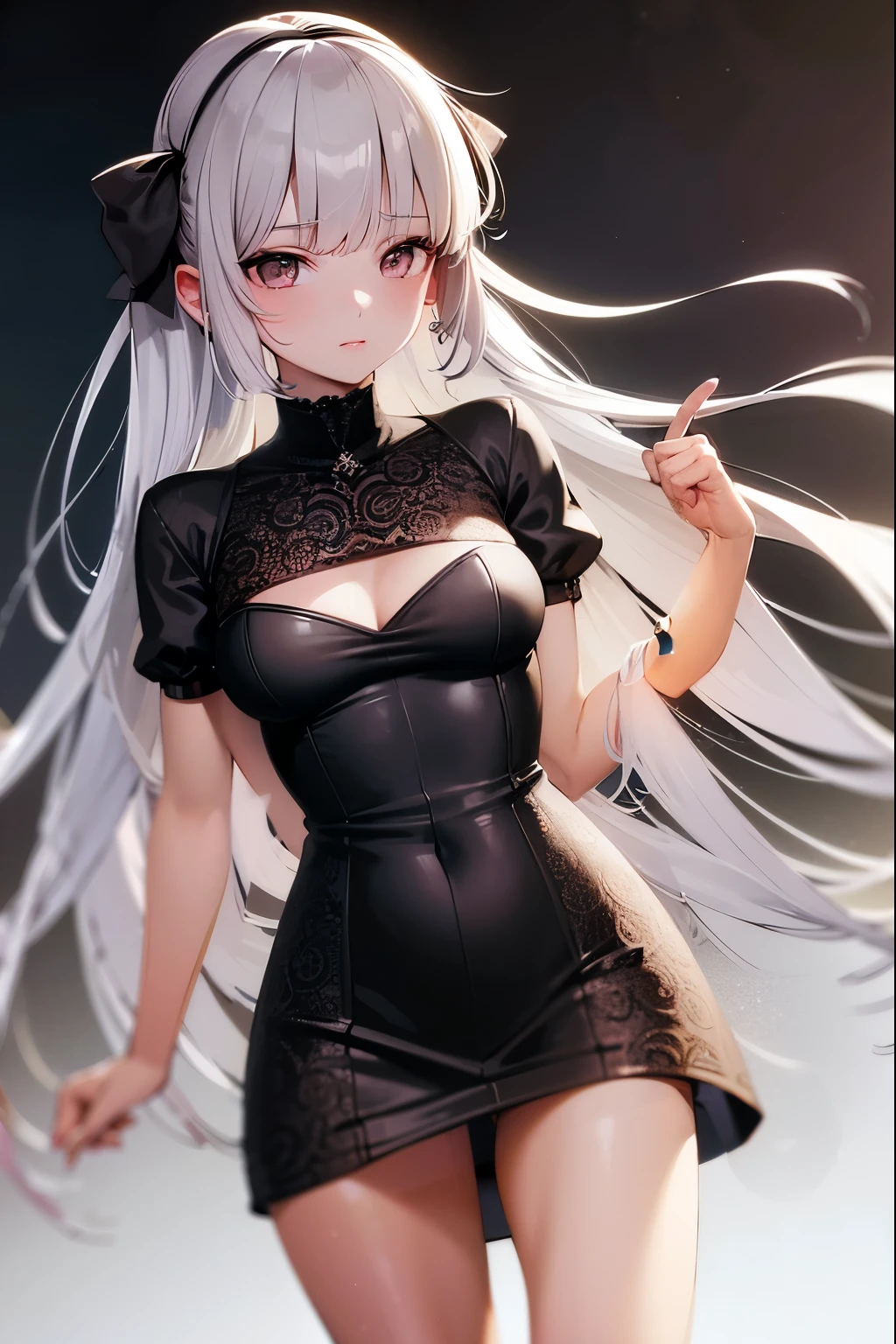 (Girl in wet light gray tight pleated slim dress), (((black)) stockings), cleavage, see-through, cute, zettai ryouiki, white hair, full body, bra, slim body, slim girl model, 24-year-old female model, lying on table, ((wet)), (((standing nipples under cloth))), portrait, most realistic, highest quality, best pixels, 8k ultra
