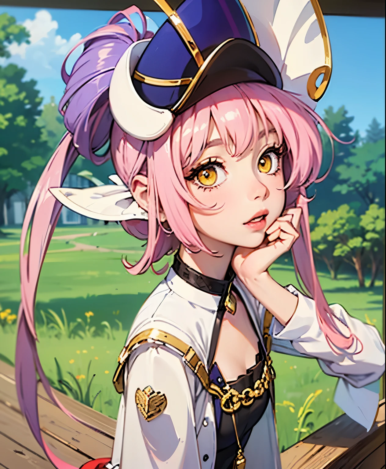A girl who looks like a combination of a magician and a wizard, with pink hair, yellow eyes, a white-purple base with black and gold accents,