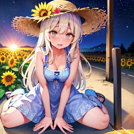 summer、sunny、Starry Sky、Sunflower field、Straw hat、Sandals、Summer Dresses、Big Breasts、Three white eyes、Long Hair、Big eyes、Small eyes、Saggy breasts、Sit on the ground、Mature Woman、Perfect Style、Surprised、Embarrassed、Pee、Big Ass、Urinating