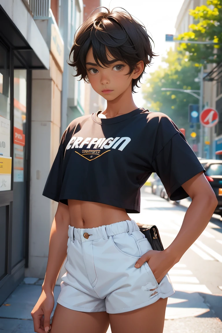 Teen boy 16 years old, beautiful teen boy is wearing a cropped shirt and too very much short mini shorts, the boy's legs are beautiful, tanned, bangs, flirty posing, hot summer, top quality,