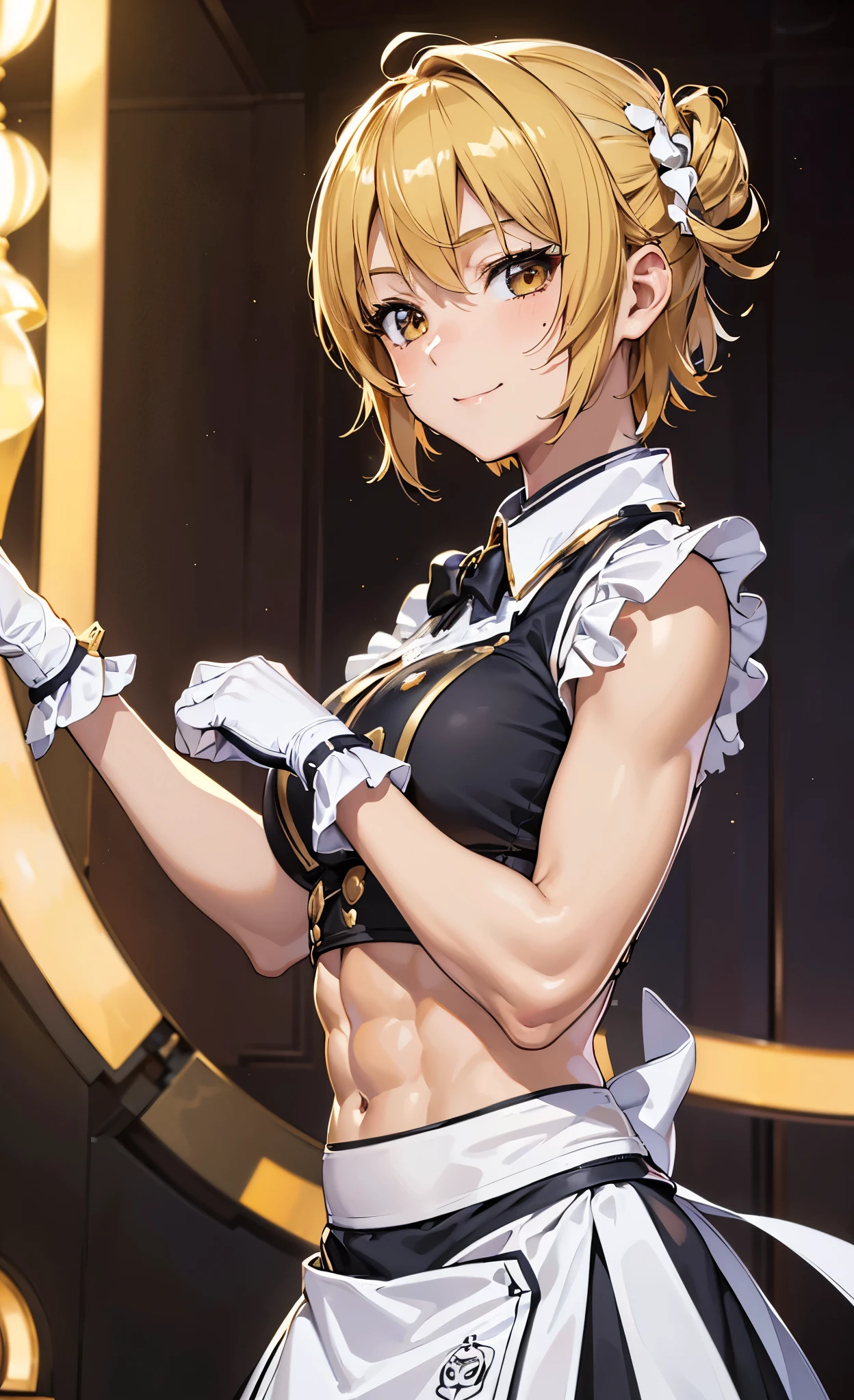 masterpiece, best quality, ultra detailed, ultra high resolution, very detailed face, solo, ((anime)), 20 years old girl, (((sleeveless, waitress uniform))), ((golden short hair)), (((medium breast))), (six pack abs:1.2), ((little smile)), (((dancing on the live stage))), microphone, ((neon))