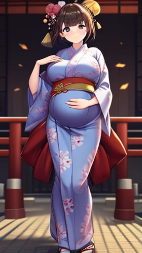 (Full body), An image of a pregnant girl wearing a yukata. She has a very voluptuous body