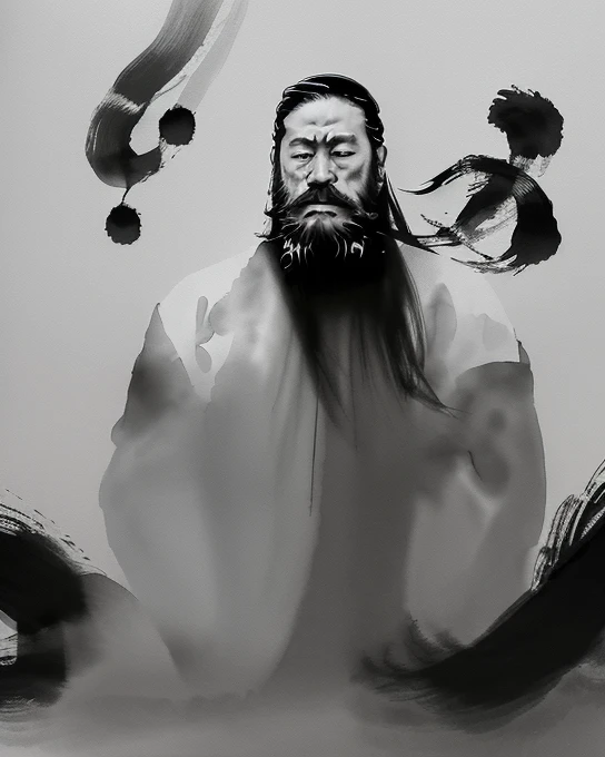Siding, Black & White, ink sketch, 1 boy, Asia (middle aged man), (long beard, facial hair), fighting posture, look at viewer, long hair, floating hair, Hanfu, Chinese clothes, long sleeve, (abstract ink splash:1.2), white background