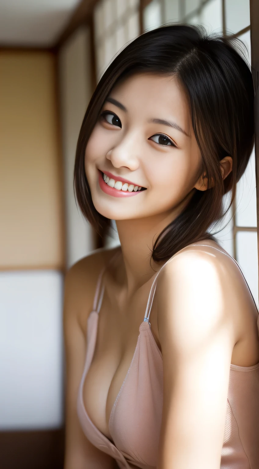 masterpiece,best quality,(Japanese ),((Beautiful girl)),cleavage,indoor,(perfect body beauty:1.2),(shy smile),beautiful teeth,