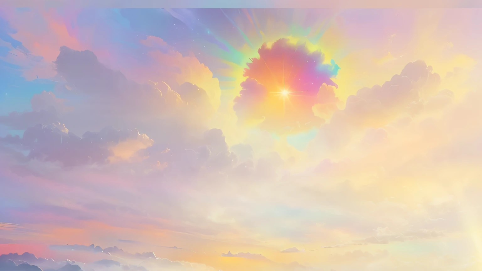painting of a colorful sky with a sun in the middle, dreamy painting of coronavirus, psychedelic sky, dreamlike digital painting, vibrant digital painting, painting of wild hunt in the sky, an abstract spiritual background, ethereal rainbow nimbus, luminous sky heaven background, soft digital painting, colorful digital painting, inspired by Frederic Church, pastel style painting, pastel sky