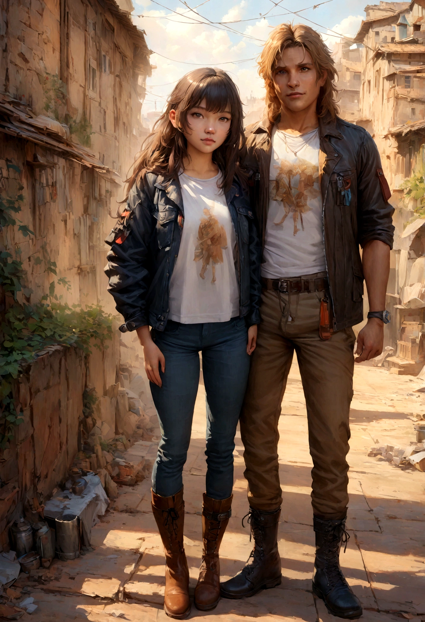 anime style, a cute boy and a girl, modern t shirt and pants, boots, outdoor, vintage jacket, chinese girl, short hair, hair down, symmetrical facial features, from arknights, hyper realistic, 4 k, rule of thirds, extreme detail, detailed drawing, trending artstation, hd, d & d, realistic lighting, by alphonse mucha, greg rutkowski