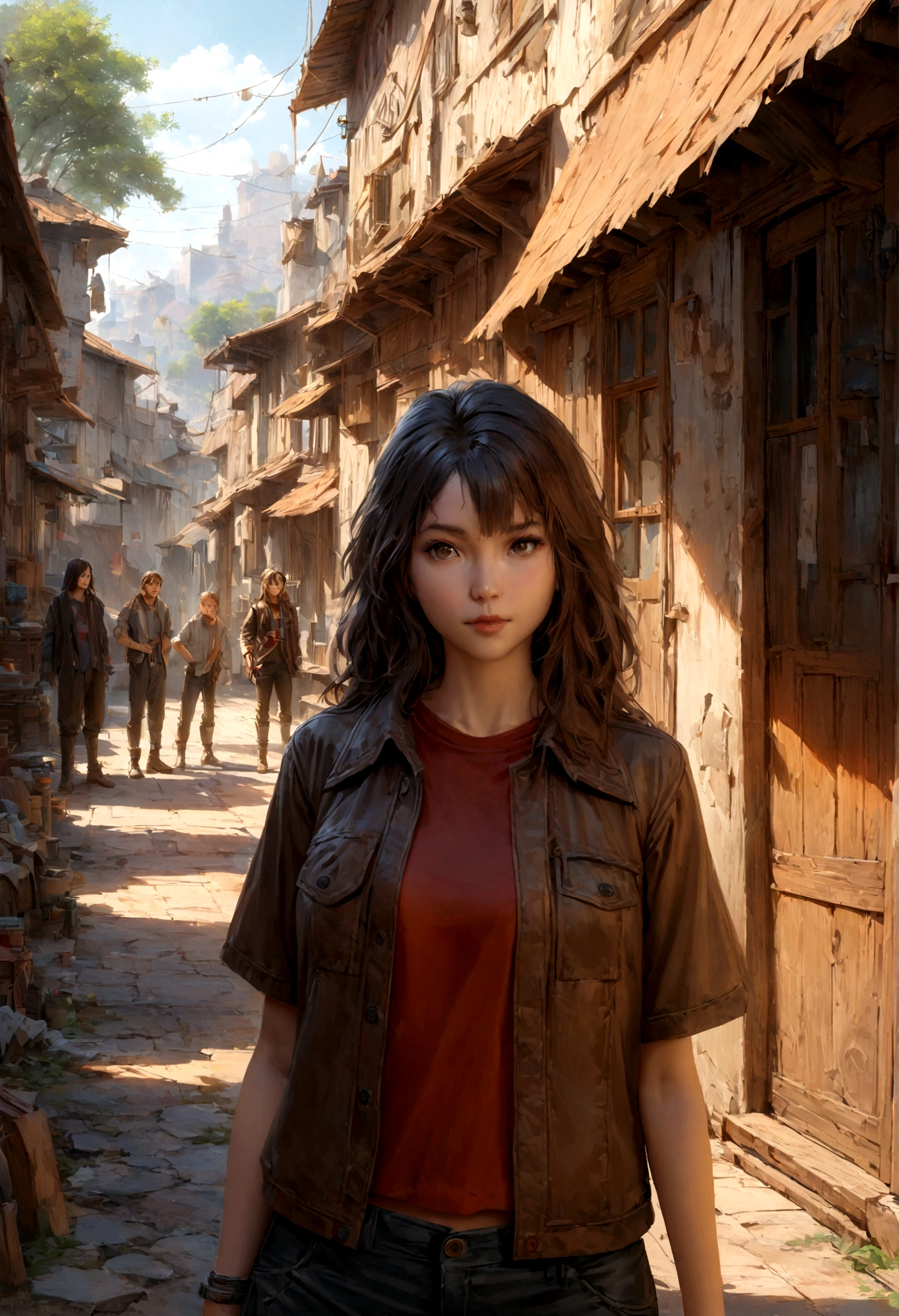 anime style, a cute boy and a girl, modern t shirt and pants, boots, outdoor, vintage jacket, chinese girl, short hair, hair down, symmetrical facial features, from arknights, hyper realistic, 4 k, rule of thirds, extreme detail, detailed drawing, trending artstation, hd, d & d, realistic lighting, by alphonse mucha, greg rutkowski