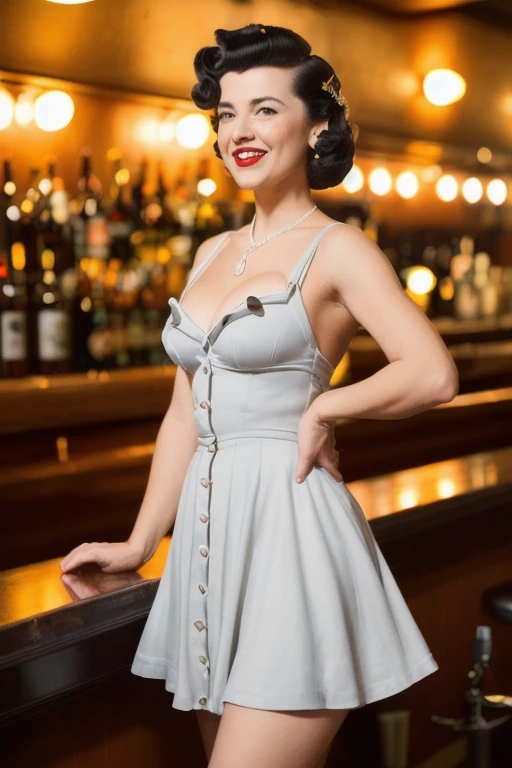 full body portrait of a laughing 26 y.o.woman (styled in a dark 1940's sailor dress:1.3), (highly detailed face:1.5), (highly detailed skin:1.4), (1940's Pompadour Hairstyle:1.2), (slim body, small breasts, small hips:1.5), (leaning back on the bar:1.5), (background inside a dark, old, 1940's big-band bar:1.4), (soft studio lighting, volumetric shadows), Kodak Panchromatic Cine Film