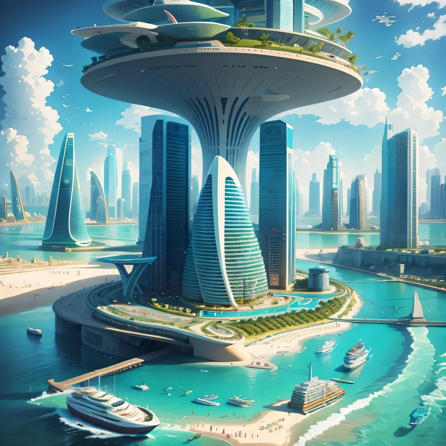 arafed city on a beach with a boat in the water, futuristic utopian city, futuristic architecture concept, tropical coastal city, downtown solarpunk utopia, landscape of a future city, beautiful city of the future, city of the future in russia, russian city of the future, otherwordly futuristic city, vincent callebaut composition, futuristic utopian metropolis