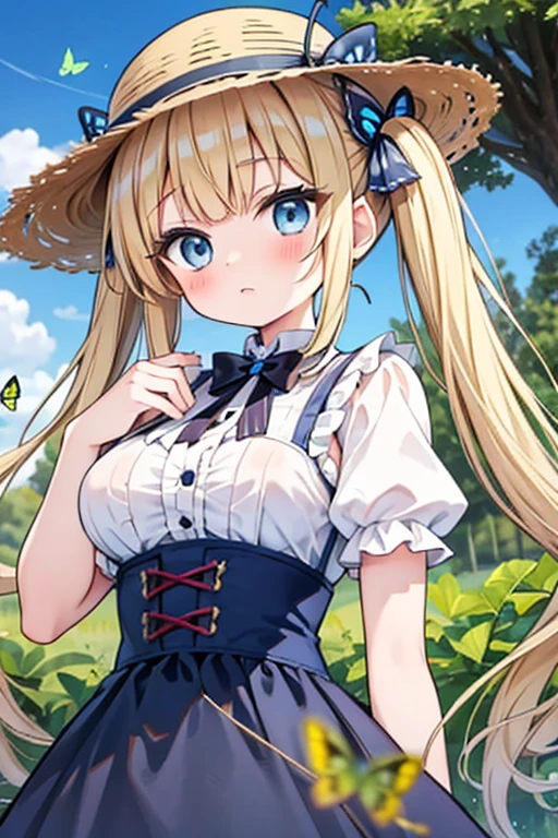 blonde blue eyes、Lolita、large breasts、twin tails、female brat,Have a bug trap,Beetle,insect collecting,Butterfly net,straw hat,have a bug net,