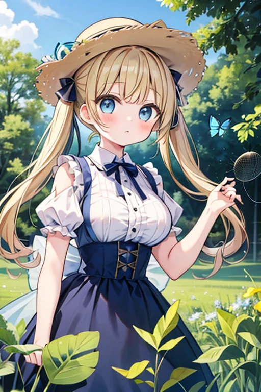 blonde blue eyes、Lolita、large breasts、twin tails、female brat,Have a bug trap,Beetle,insect collecting,Butterfly net,straw hat,have a bug net,