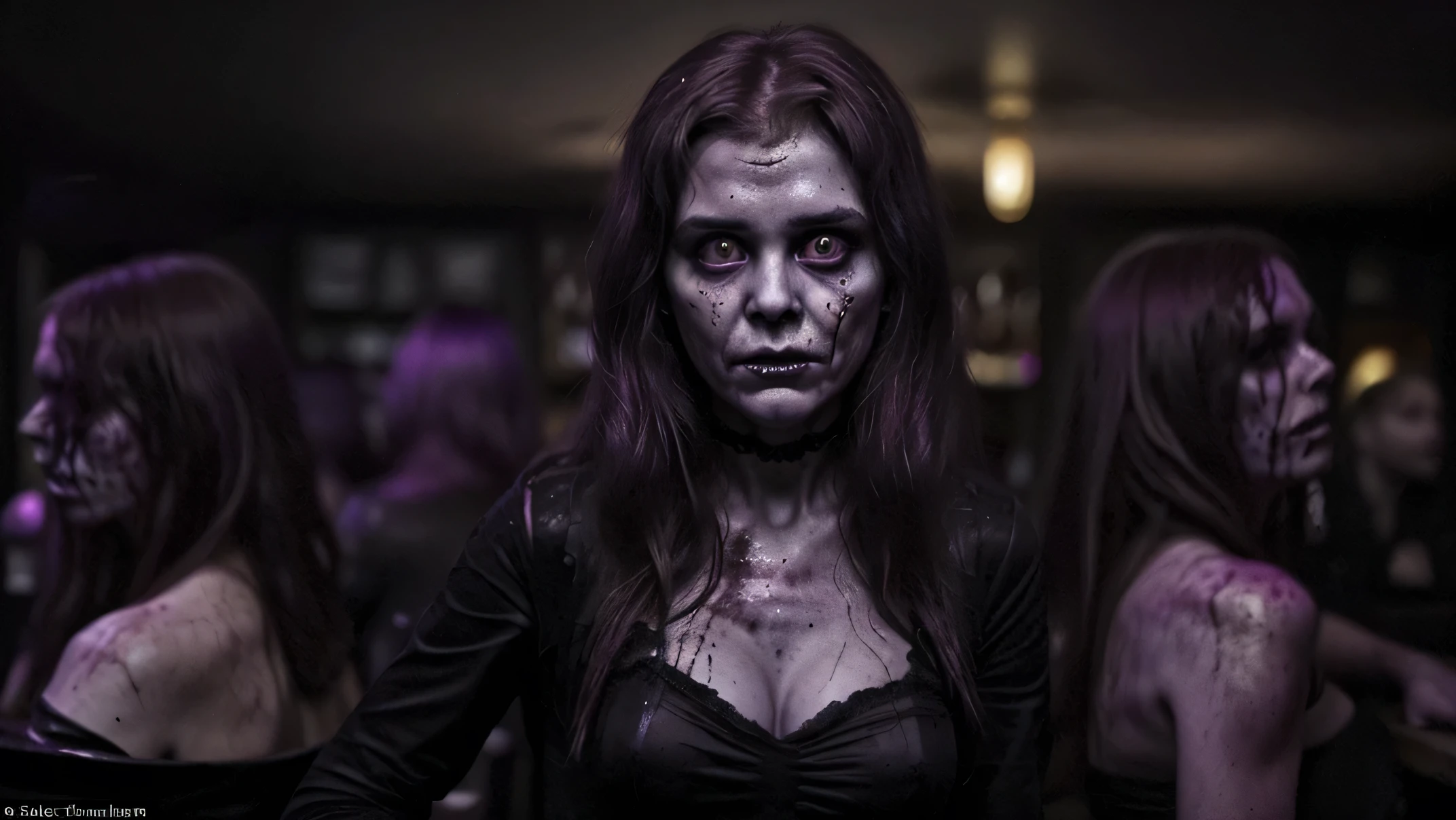 (masterpiece, best quality:1.2), ((RAW photo, Best quality)), (Realistic, photo-realistic:1.2) hot a zombie girl, horror, creepy, night, (((White eyes))), angry. ((Pale or greenish skin)), wounds, empty eyes, torn clothes, slow movements, guttural noises, aggressive and cannibalistic behavior. Cinematic lighting.