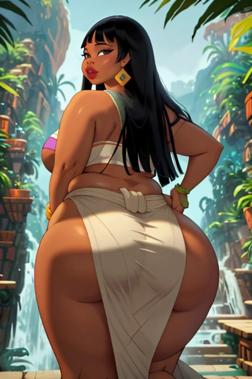 (Masterpiece), (best quality), (detailed), 1girl, (Chel from road to el dorado), Fat Chel showing off her big booty, arched back