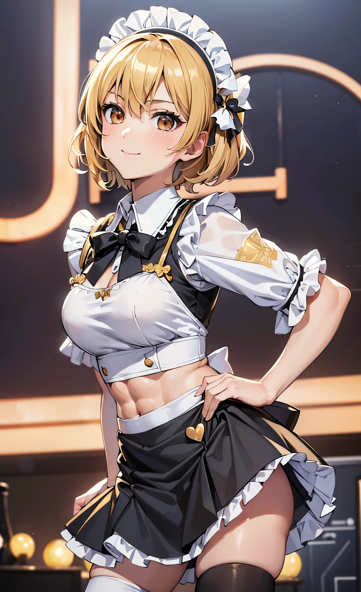 masterpiece, best quality, ultra detailed, ultra high resolution, very detailed face, solo, ((anime), 20 years old girl, (((cromtop, maid uniform))), ((golden short hair)), (((medium breast))), (six pack abs:1.2), ((little smile)), teeth, in the room