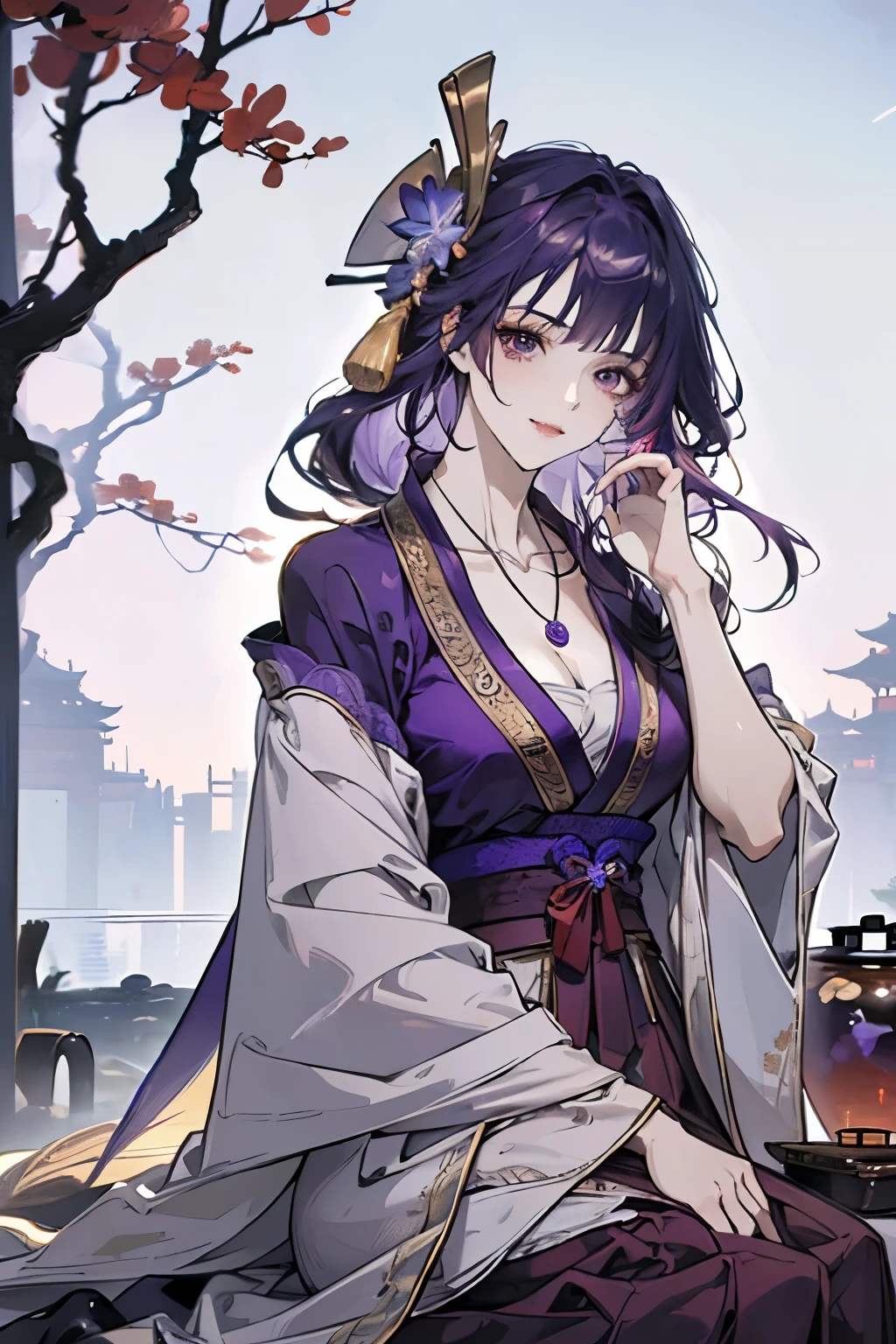 Best quality at best, Ultra-high resolution, (((1 girl))), (Long purple hair), (violet eyes), (Chinese clothes), (((red flower necklace around her neck))), (Ultra Long Skirt), Smile, Hanfu, Yarn, Flowing light yarn, jewelry, (focal), (((Colorful))), particle fx , tmasterpiece, Best quality at best, beautiful painted, meticuloso, highly detailed, (tmasterpiece, Best quality at best) CG unified 8K wallpaper,((sitting in a Chinese mansion)), tmasterpiece,Best quality,ultra - detailed), Super HD picture quality
