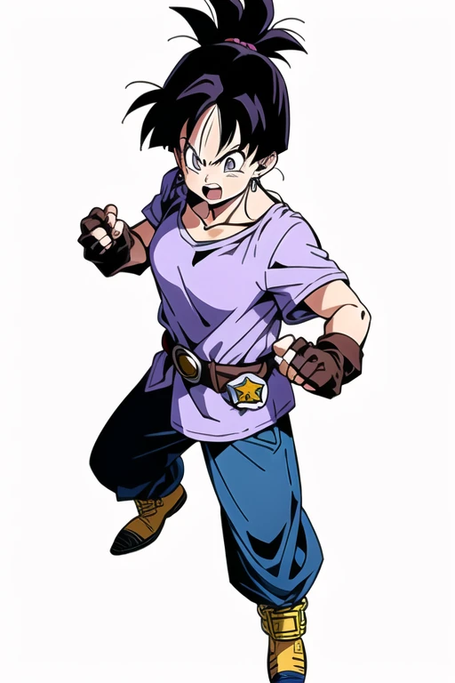 videl dbz, alone, Brown eyes, Black Hair, One girl, Simple Background, White Background, Combat Stance, Semi-long hair, Purple Hair, Long shirt, Purple shirt, Blue Belt, Yellow footwear, anger, From above, Hollow, Fingerless gloves, boots, badge, teeth, Open your mouth, Brown gloves, socks, eyelash, V-shaped eyebrows, Baggy pants,