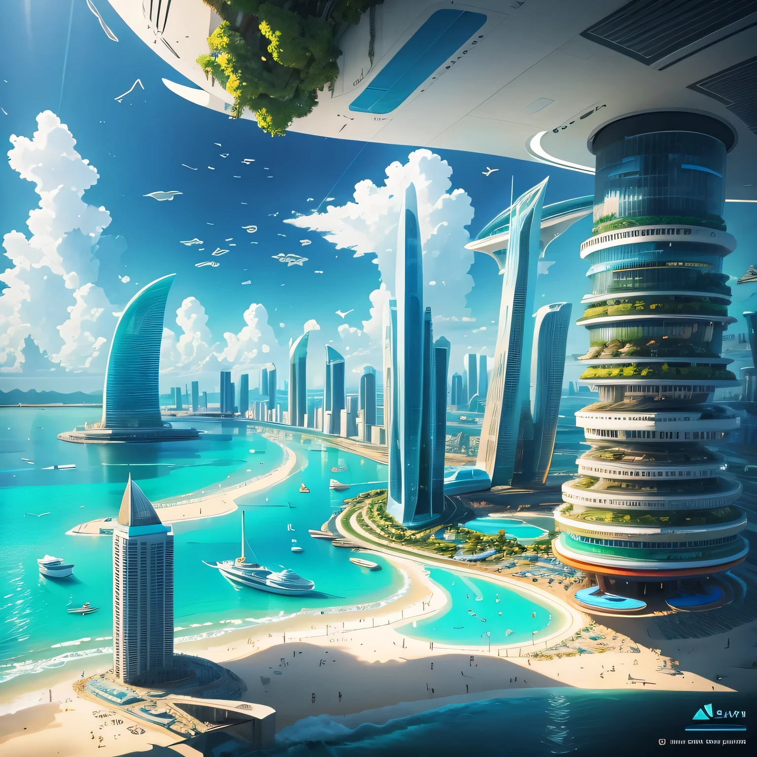 arafed city on a beach with a boat in the water, futuristic utopian city, futuristic architecture concept, tropical coastal city, downtown solarpunk utopia, landscape of a future city, beautiful city of the future, city of the future in russia, russian city of the future, otherwordly futuristic city, vincent callebaut composition, futuristic utopian metropolis