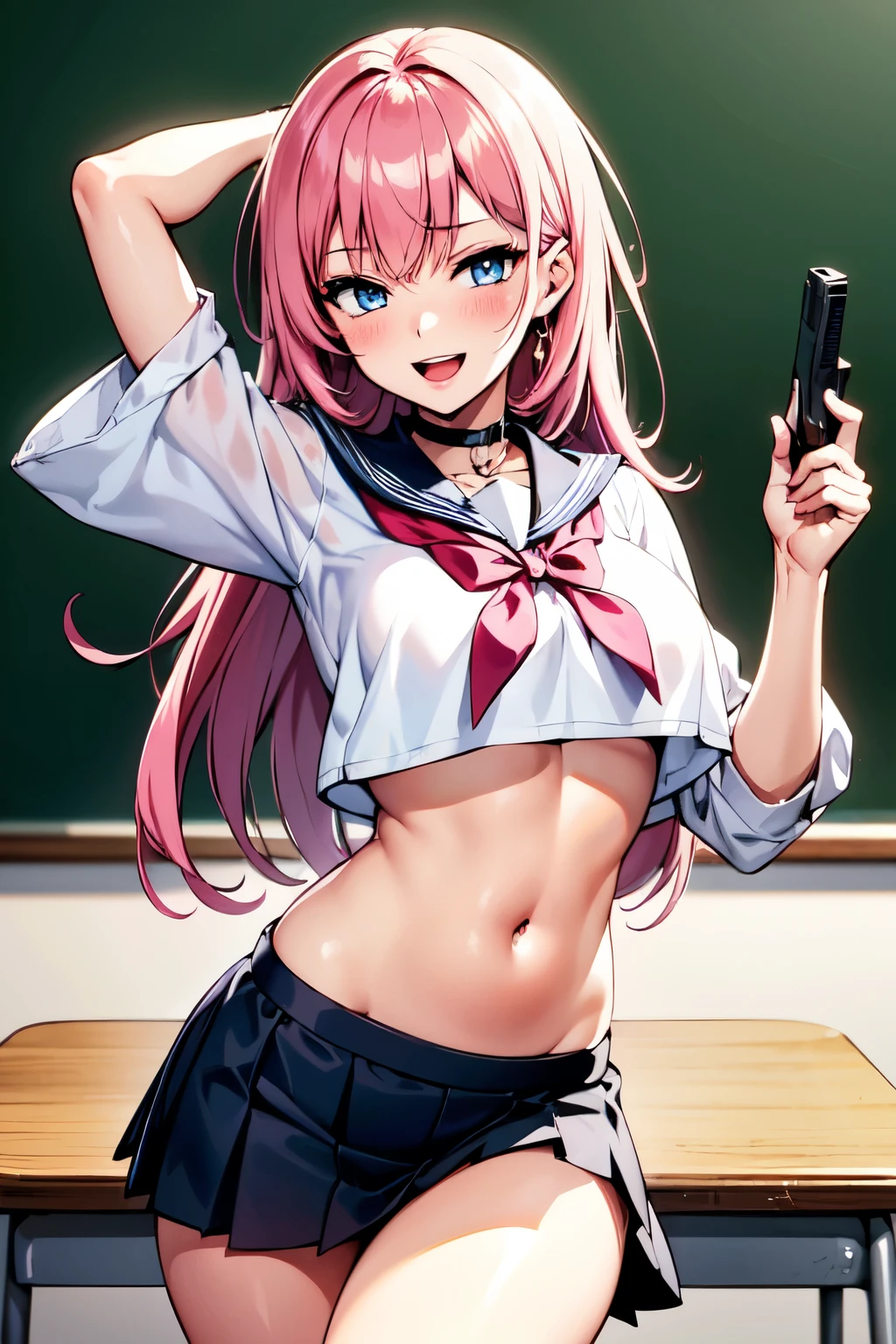 1girl, Tenebria,  (pink hair), evil, blush, lipstick, long hair, pink hair, big breast, crazy eyes , masterpiece, best quality, highly detailed, a anime girls in sailor uniforms with a gun posing for a picture,
evil smile, smile, open mouth,black_serafuku, ecchi anime style, anime girls , 
ecchi style, ecchi, shipgirls, digital anime art!!, high school girls, holding a gun, hold a gun, anime style 4
k, micro skirt, exposed belly, exposed navel, exposed midriff,
exposed lower belly,school, classroom, 