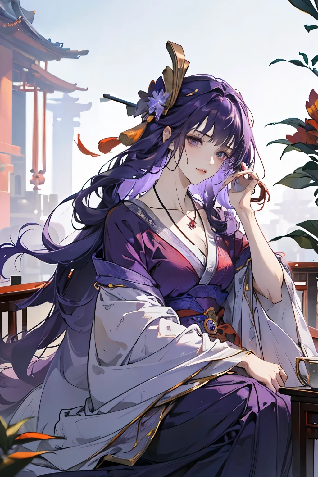 Best quality at best, Ultra-high resolution, (((1 girl))), (Long purple hair), (violet eyes), (Chinese clothes), (((red flower necklace around her neck))), (Ultra Long Skirt), Smile, Hanfu, Yarn, Flowing light yarn, jewelry, (focal), (((Colorful))), particle fx , tmasterpiece, Best quality at best, beautiful painted, meticuloso, highly detailed, (tmasterpiece, Best quality at best） CG unified 8K wallpaper，((sitting in a Chinese mansion)), tmasterpiece，Best quality，ultra - detailed）, Super HD picture quality