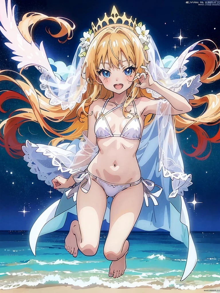 (Anime:1.8), megami magazine, (masterpiece, top quality:1.4), Not Safe for Work, detailed skin, detailed face, 1girl, idol, cute face, , 14-yo, blue eyes, droopy eyes, big eyes:1.5, laughing, red blush, (blonde-yellow hair), long hair, (shiny wavy hair), white bikini wedding dress, see through sarong, tiara, Bride Veil, cute, baby face, twinkle in the eye, Full body, simple background,