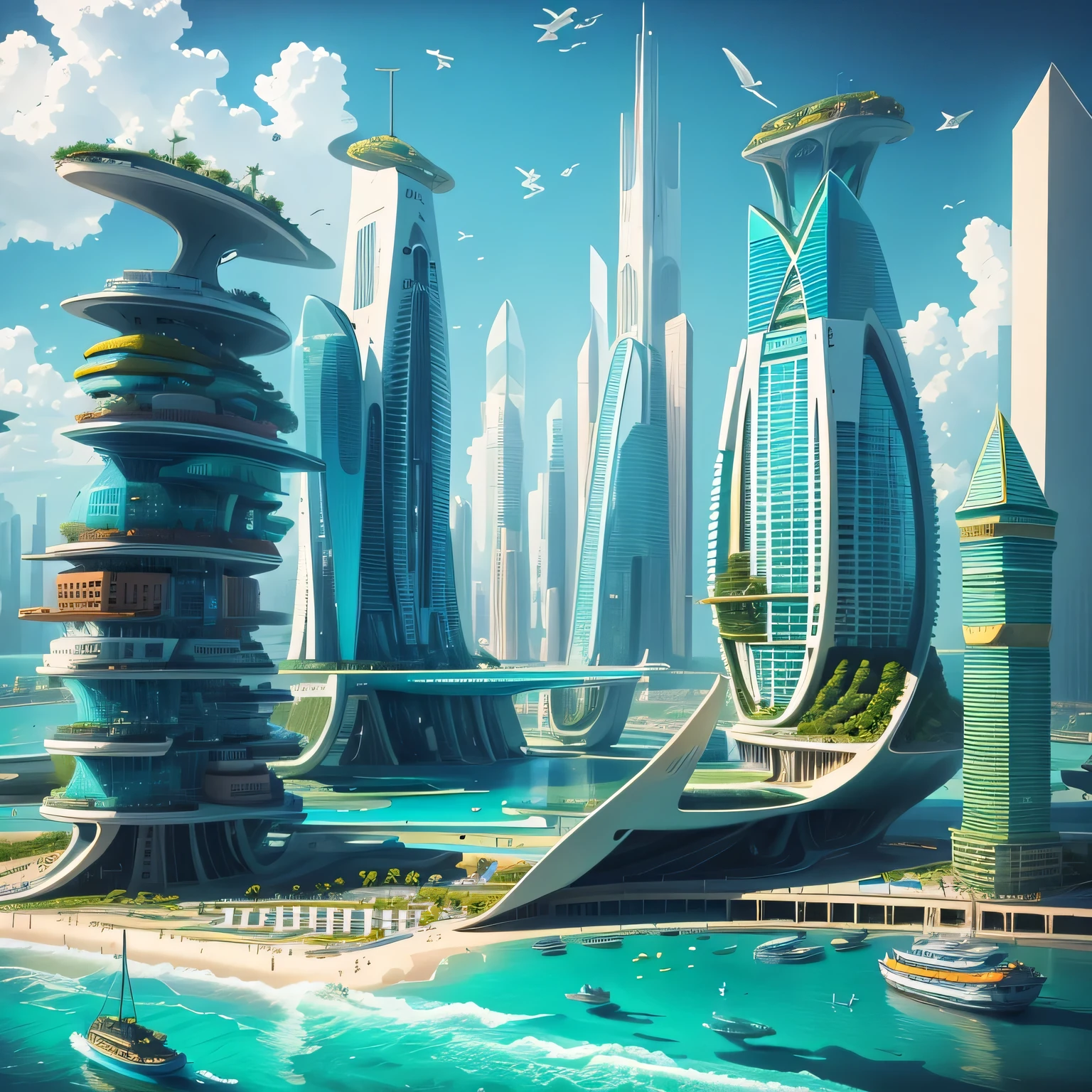 arafed city on a beach with a boat in the water, futuristic utopian city, futuristic architecture concept, tropical coastal city, downtown solarpunk utopia, landscape of a future city, beautiful city of the future, city of the future in russia, russian city of the future, otherwordly futuristic city, vincent callebaut composition, futuristic utopian metropolis