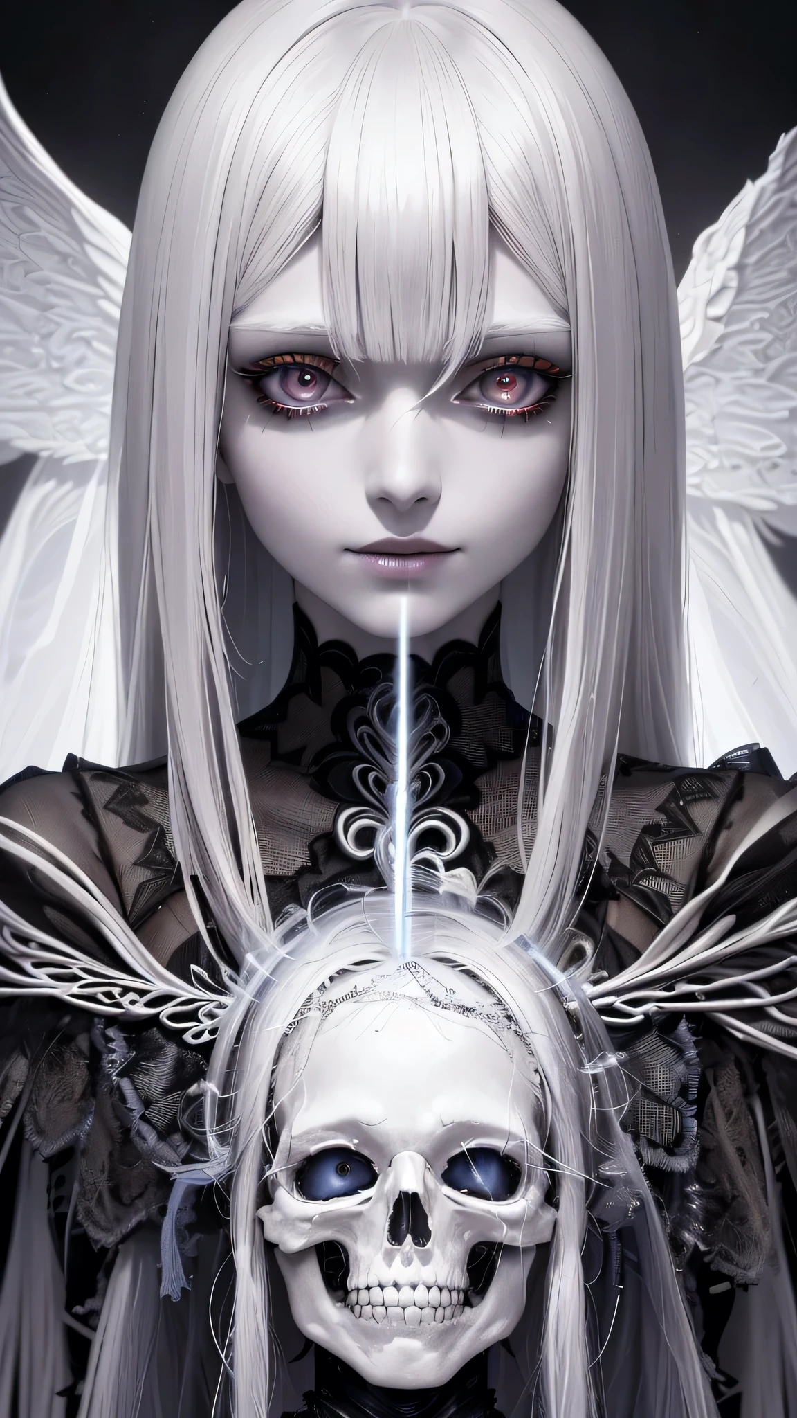 (female skeletal being, girl with white hair, girl enveloped in flames, dark and gloomy atmosphere, girl smiling in ecstasy)
best quality, 8k, highres, masterpiece:1.2, ultra-detailed, realistic, photo-realistic:1.37, anime style
extremely detailed face and hair, beautiful detailed eyes, beautiful detailed lips, extremely detailed eyes and face, long eyelashes
(Enshrouded in a dim and desolate surroundings, a skeletal maiden adorned with white tresses stands amidst a blaze, her ethereal form displayed in a breathtaking state of bliss.)