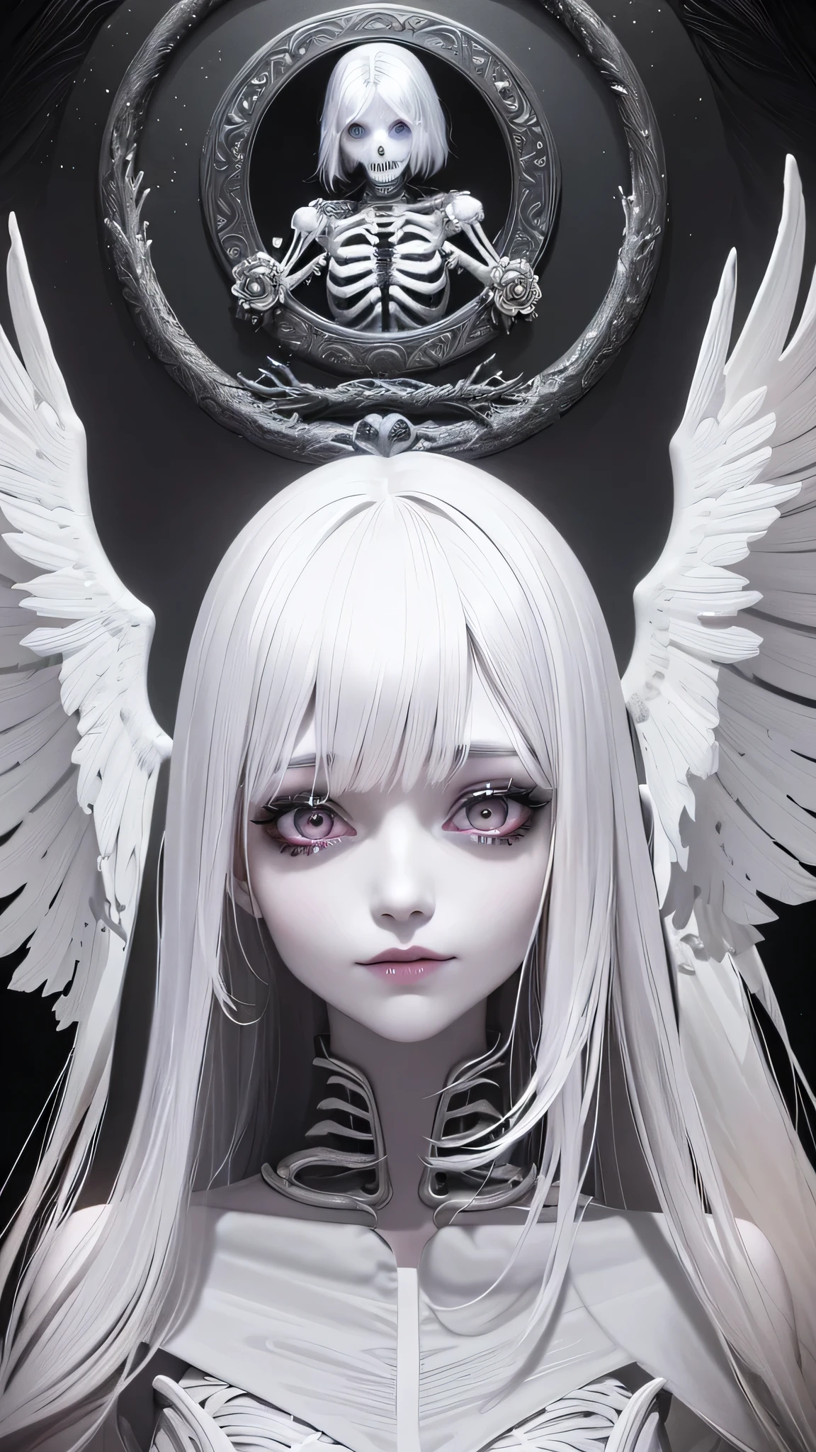(female skeletal being, girl with white hair, girl enveloped in flames, dark and gloomy atmosphere, girl smiling in ecstasy)
best quality, 8k, highres, masterpiece:1.2, ultra-detailed, realistic, photo-realistic:1.37, anime style
extremely detailed face and hair, beautiful detailed eyes, beautiful detailed lips, extremely detailed eyes and face, long eyelashes

(Enshrouded in a dim and desolate surroundings, a skeletal maiden adorned with white tresses stands amidst a blaze, her ethereal form displayed in a breathtaking state of bliss.)
