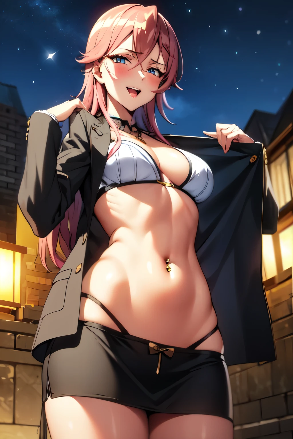 1girl, Tenebria, (pink hair), evil, blush, lipstick, long hair, pink hair, medium breast, crazy eyes , outdoors, rooftop, cityscape, building, railing, night, night sky, scenery, city lights, fur trim, mature female, gloves, fur-trimmed coat,
masterpiece, best quality, highly detailed, a girls with a gun, open mouth, blazer, sexy gaze, (nsfw) not
safe for work, badass pose , evil smile, smile, black bra, anime girl with long hair, long haired girl,
navel, evil expression, exposed belly, exposed navel, exposed midriff, exposed lower belly, micro
miniskirt, micro pencil skirt, pencil skirt ,holding a guny, navel piercing