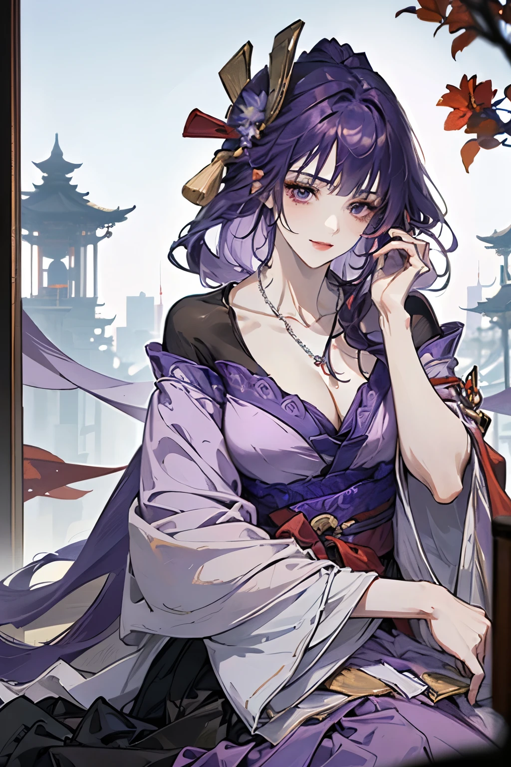 Best quality at best, Ultra-high resolution, (((1 girl))), (Long purple hair), (violet eyes), (Chinese clothes), (((Red Flowers necklace around her neck))), (Ultra Long Skirt), Smile, Hanfu, Yarn, Flowing light yarn, jewelry, (focal), (((Colorful))), particle fx , tmasterpiece, Best quality at best, beautiful painted, meticuloso, highly detailed, (tmasterpiece, Best quality at best） CG unified 8K wallpaper，((sitting in a Chinese mansion)), tmasterpiece，Best quality，ultra - detailed）, Super HD picture quality