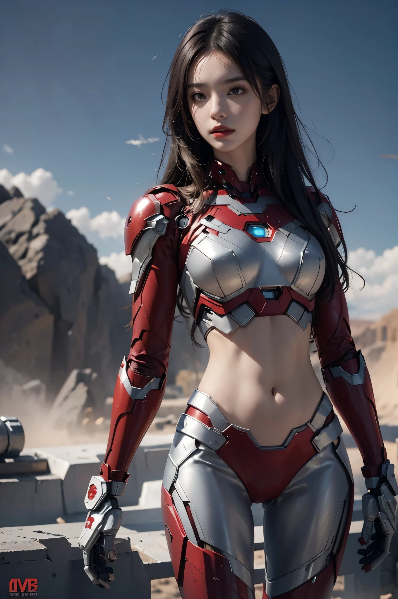 beautiful young woman, red iron man suit, sexy exposed midriff, full metallic armor, bare midriff and waist, open abdomen, fully exposed abdomen, cowboy-shot, realistic, photorealistic, high quality, 8k, extremely detailed, masterpiece, dynamic pose, dramatic lighting, cinematic, sci-fi, futuristic, vibrant colors