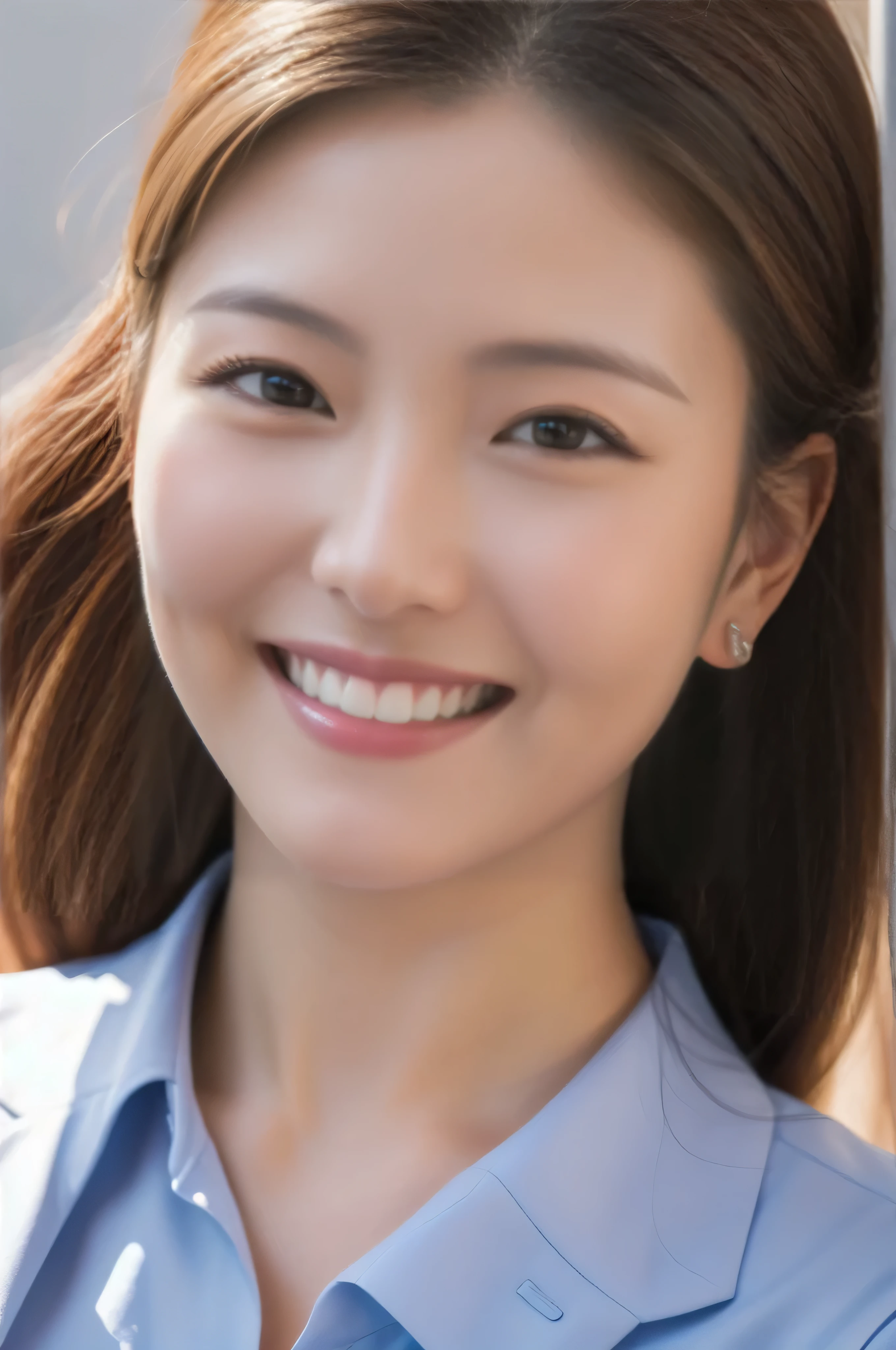 Married Woman's Face、30 years old、Middle-aged women、Business jacket、Close-up of face、High quality、Ultra-realistic、A cheerful smile、Married woman&#39;s body type、Japanese Wife、 Perfect Eyes、Radiant Skin、Tokyo Station