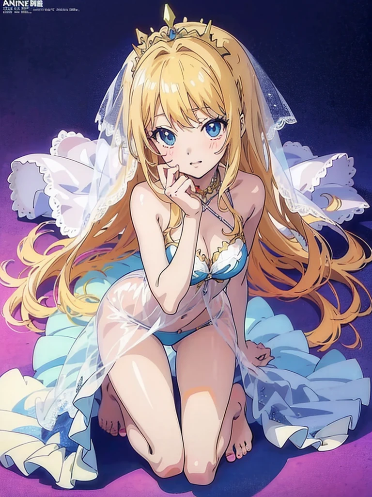 (Anime:1.8), megami magazine, (masterpiece, top quality:1.4), Not Safe for Work, detailed skin, detailed face, 1girl, idol, cute face, , 14-yo, blue eyes, droopy eyes, big eyes:1.5, laughing, red blush, (blonde-yellow hair), long hair, (shiny wavy hair), wedding gown swimsuit, see through sarong, tiara, Bride Veil, cute, baby face, twinkle in the eye, Full body, simple background,