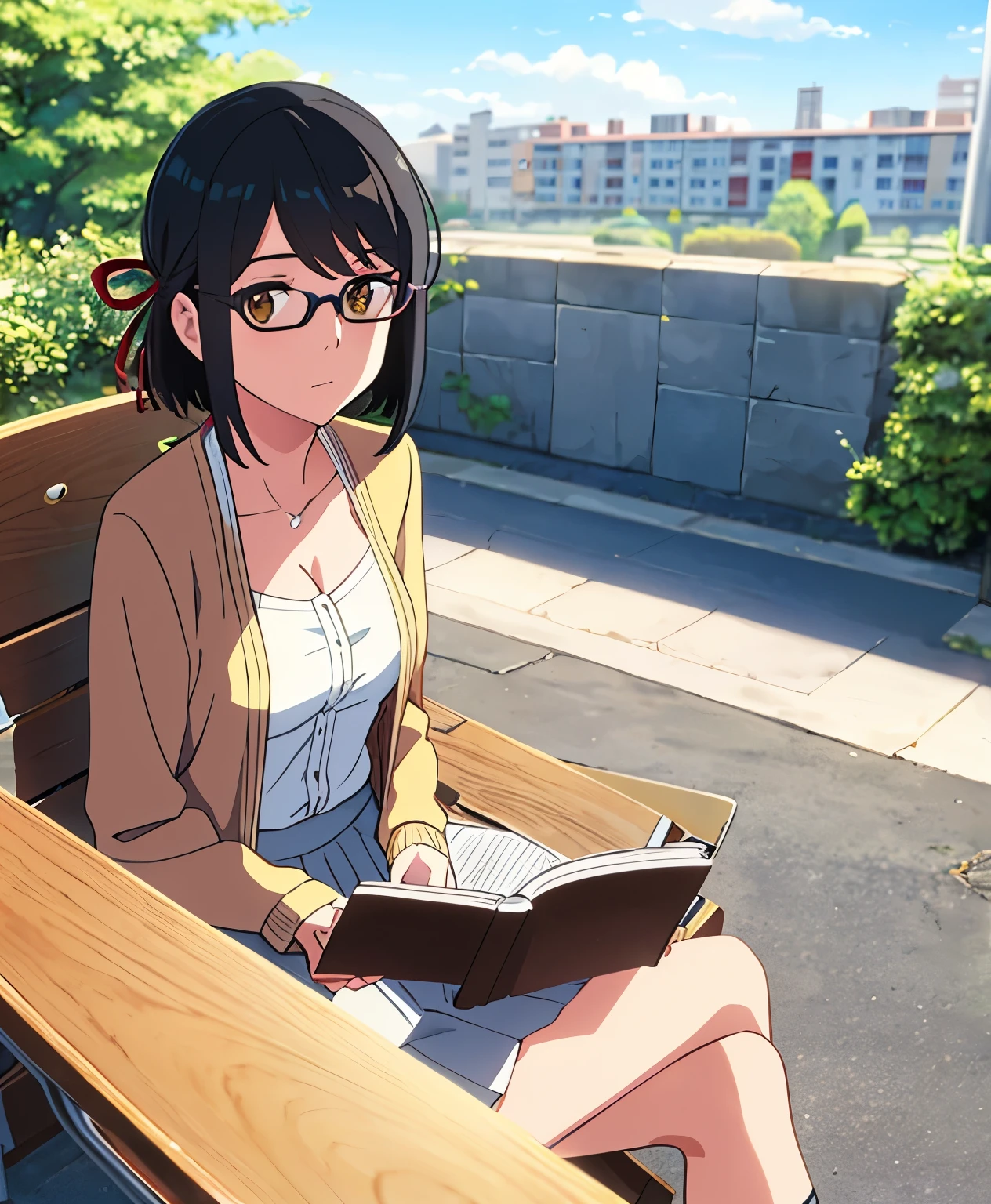 1girl, black hair, brown eyes, eyeglasses, short hair, har band, hair ribbon, yellow cardigan, cleavage, white dress skirt, perfect anatomy, cowboyshot, sit on bench chair, reading a book, outdoors, school university, sky, school building, solo, solo focus, pov, looking at the viewer,